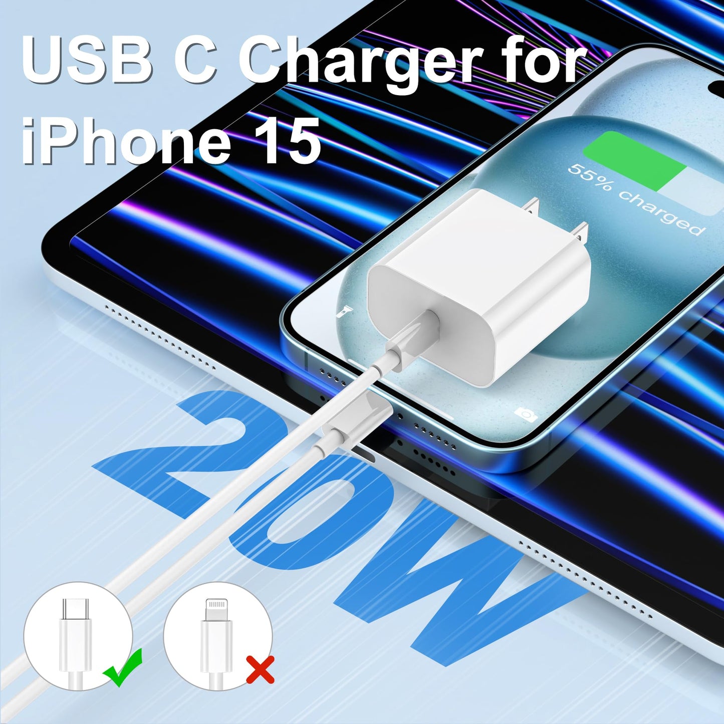 iPhone 16/15 USB-C Fast Charger, 20W + 60W 10FT Cable for iPhone 16/15/Plus/Pro/Max, iPad Pro 12.9/11, Mini 6, Air4