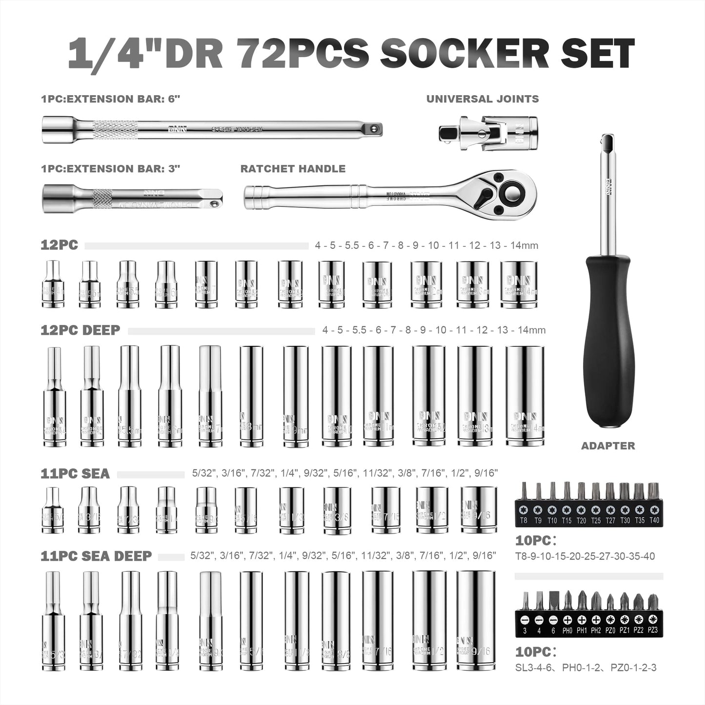 DNA MOTORING 72-Piece Socket Set with Ratchets