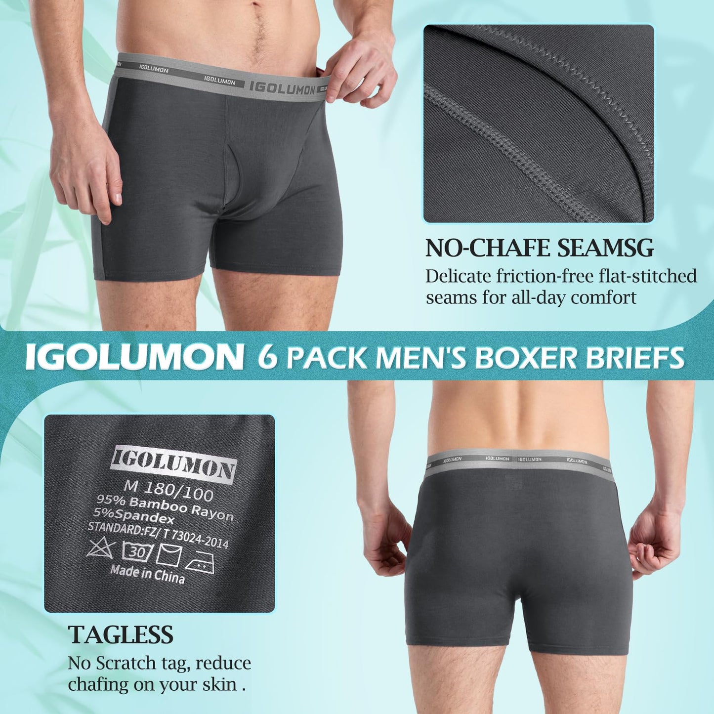 6 Pack Mens Bamboo Boxer Briefs Underwear