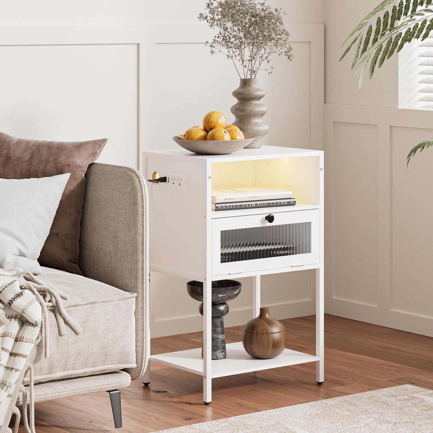 Masupu Nightstand with Charging Station and LED Lights, Bedside Table with Storage, Modern Side Table End Table with Glass Decorative Door for Bedroom, Living Room, White
