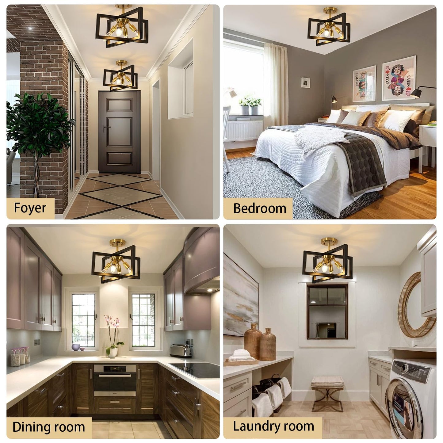 DELIPOP Semi Flush Mount Ceiling Light, 4-Light Gold Farmhouse Industrial Ceiling Light Fixtures with Black Square Metal Frame Close to Ceiling Light for Kitchen, Dining Room, Living Room, Bedroom