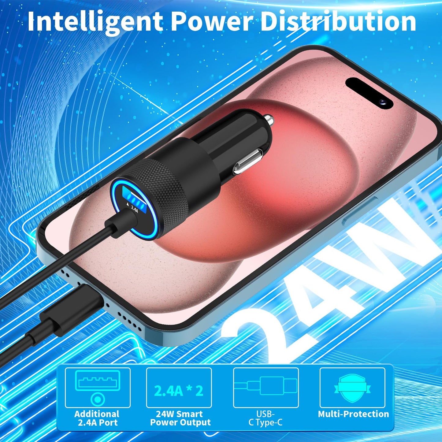 iPhone 16 Fast Car Charger with Coiled Cable