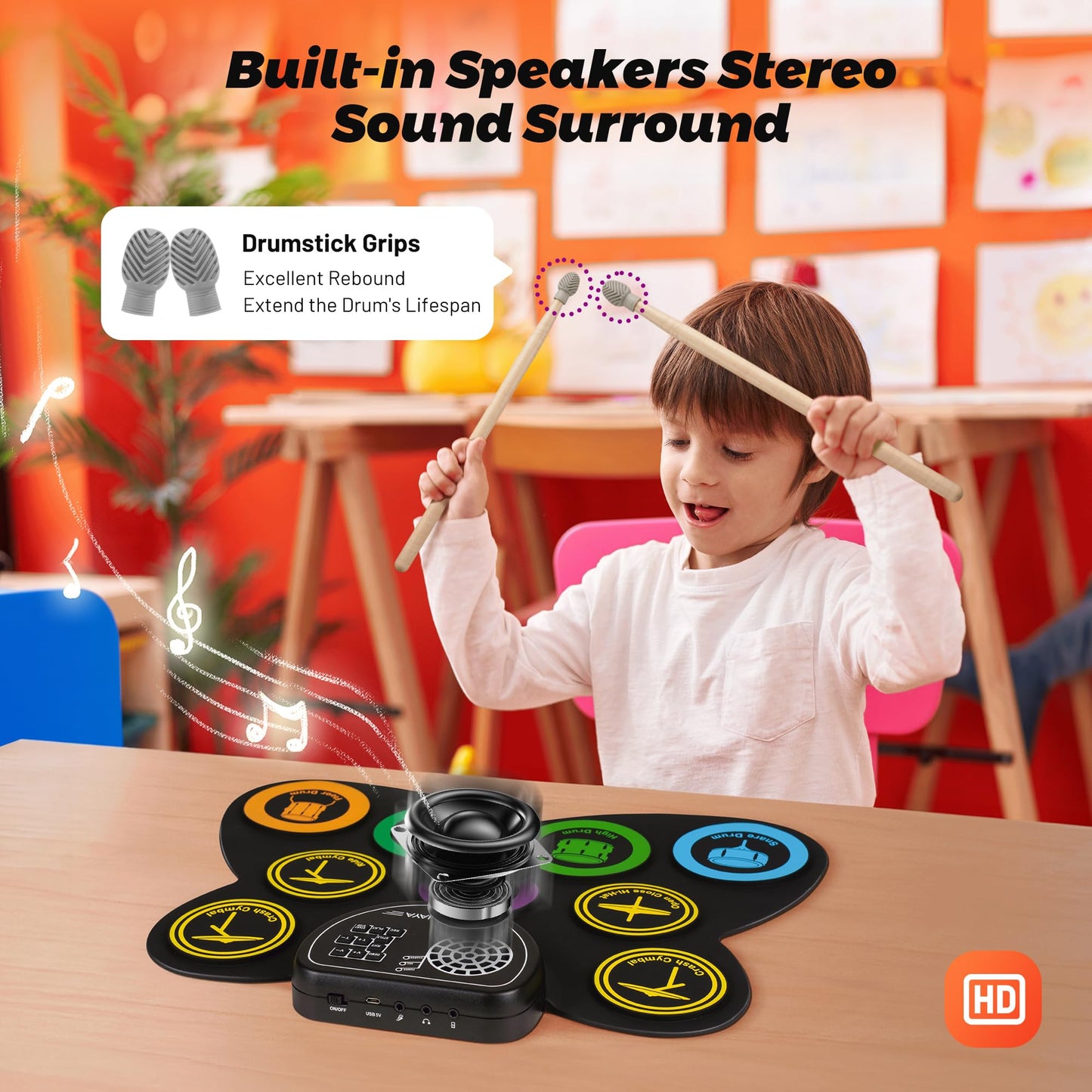 CAHAYA Electronic Drum Pad Set: Roll-up 9-Pads Portable Electric Practice Drum Pads With Built-in Speaker Drum Sticks Foot Pedals Gifts for Kids CY00370-1