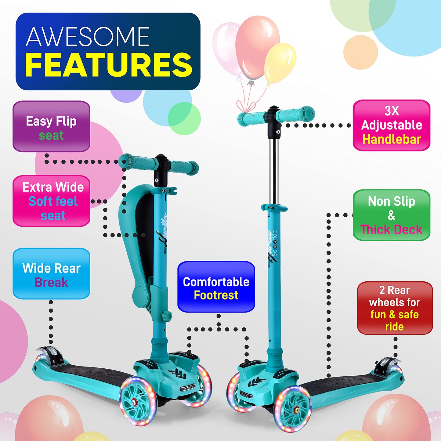 Hurtle Kids Scooter - Child Toddler Kick Scooter Toy with Foldable Seat - 3 Wheel Scooter with Adjustable Height, Anti-Slip Deck, Flashing Wheel Lights, for Boys/Girls 1-12 Year Old, Teal