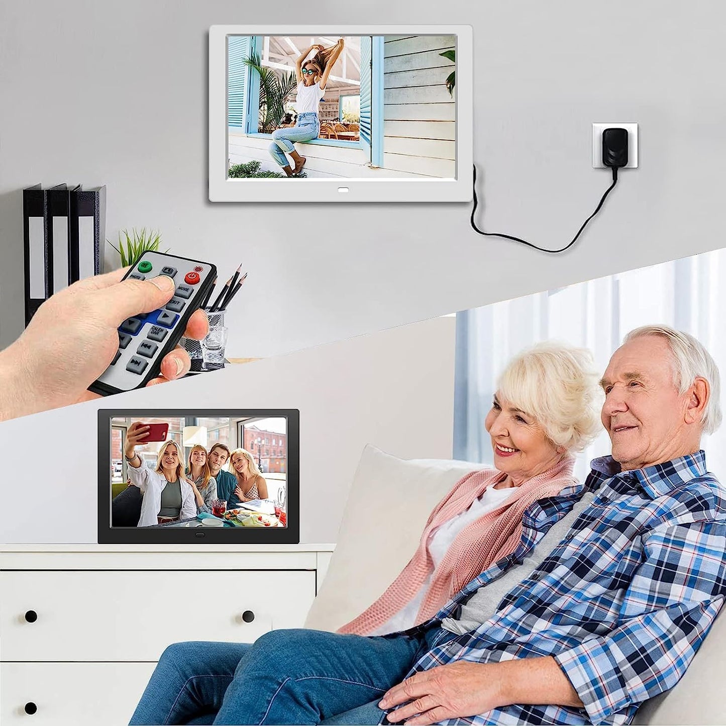 10.1 inch Digital Photo Frame with Remote Control, Electronic Picture Frame Large Display, Share Moments via SD Card and Mini USB, Wall Mountable, 1080P HD Resolution, Built-in Clock & Calendar