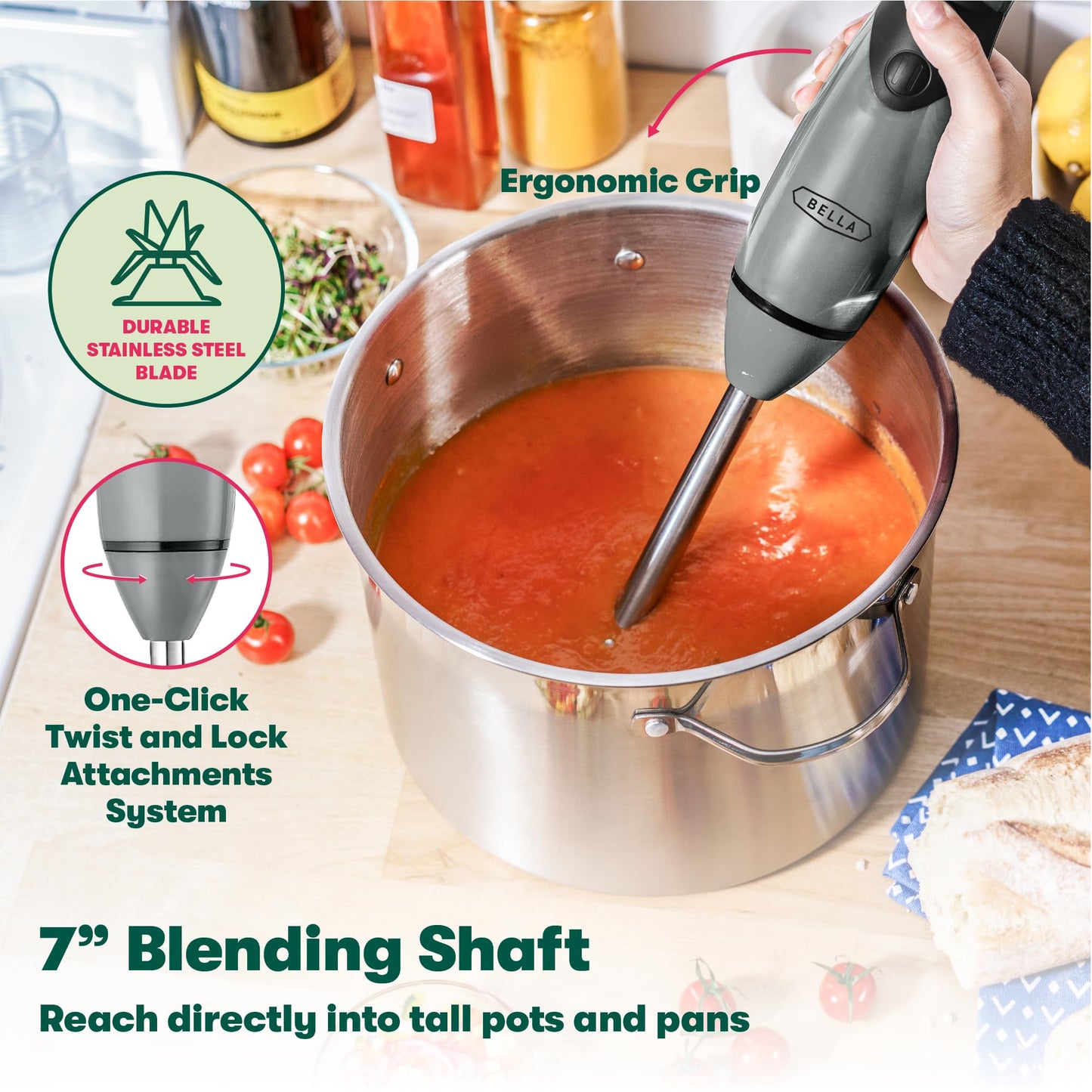 BELLA Immersion Blender, Portable Mixer and Emulsifier with Whisk Attachment, 2 Speed, Electric Handheld Juicer, Shakes, Baby Food and Smoothie Maker, Stainless Steel, BPA Free, 250 Watt, Gray