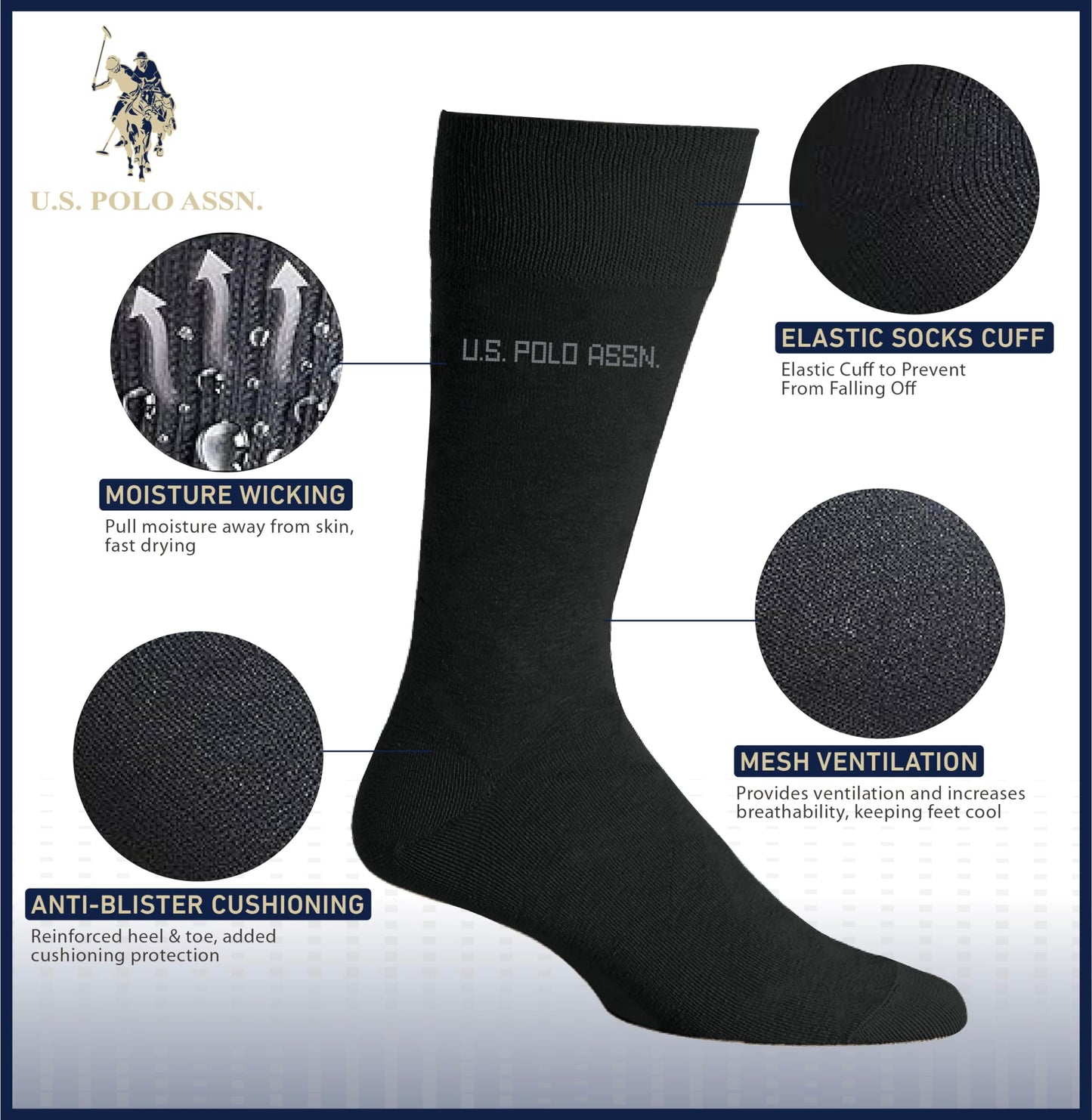 U.S. Polo Assn. 6 Pair Men's Crew Length Soft Dress Socks - Breathable & Moisture Control Socks for Indoor or Outdoor Wear, BLK 7509 (Shoe Size 6-12)