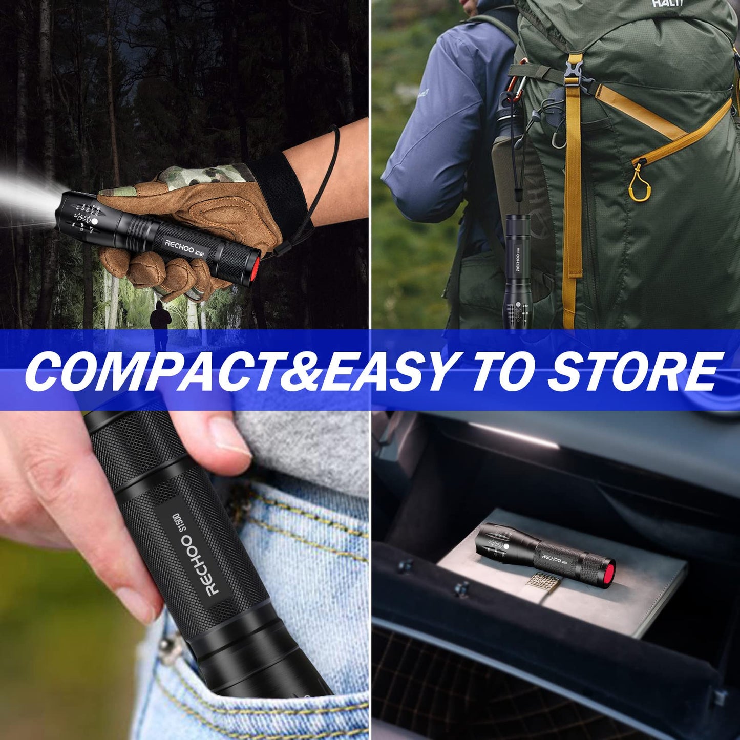 RECHOO Tactical Flashlights 4 Pack, Bright Zoomable LED Flashlights with High Lumens and 5 Modes, Waterproof Portable Pocket Flash Light for Emergency, Camping, and Outdoor Use - S1500