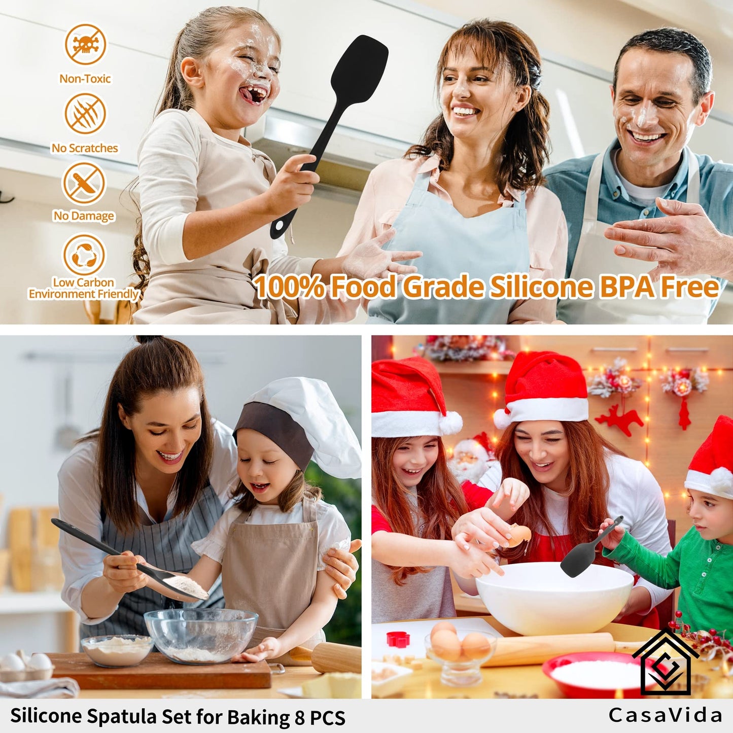 CasaVida Silicone Spatula Set One-piece Seamless High Heat Resistant Non Stick Bakery Spatula Flexible BPA Free Dishwasher Safe Kitchen Utensils Bakeware Cookware Cooking Baking Mixing Black 8pcs