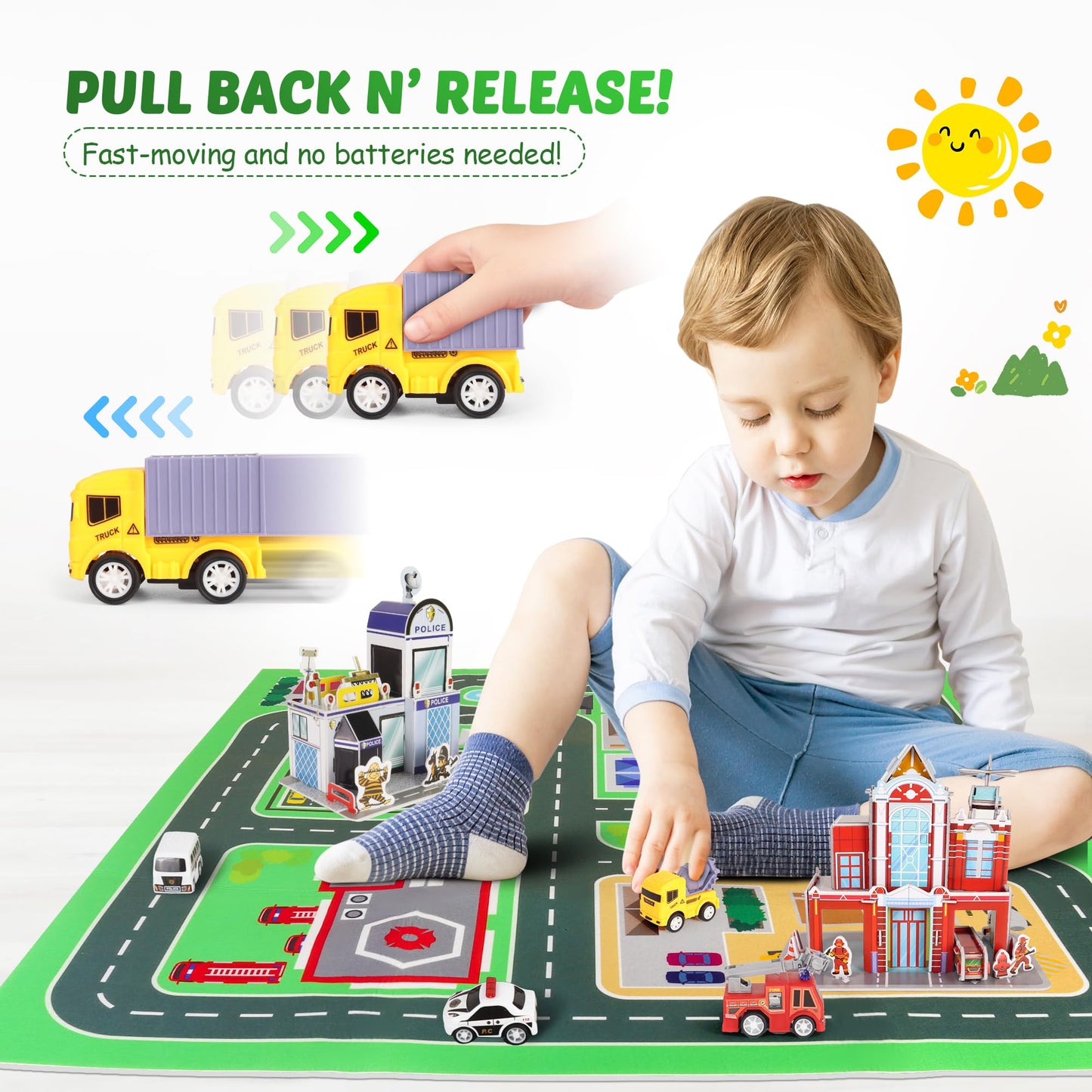 14-Piece Toy Car Playset with Mat & Puzzles
