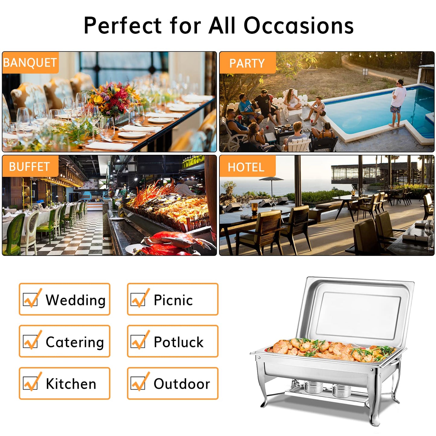 NEW Chafing Dish 9QT 2 PACK Stainless Steel food wamer folding leg chafer Hotel chafing dish 1/1 Buffet Set Foldable Chafer, Chafing dish Set with Fuel Holder, Chafing Servers with cover Food Clip