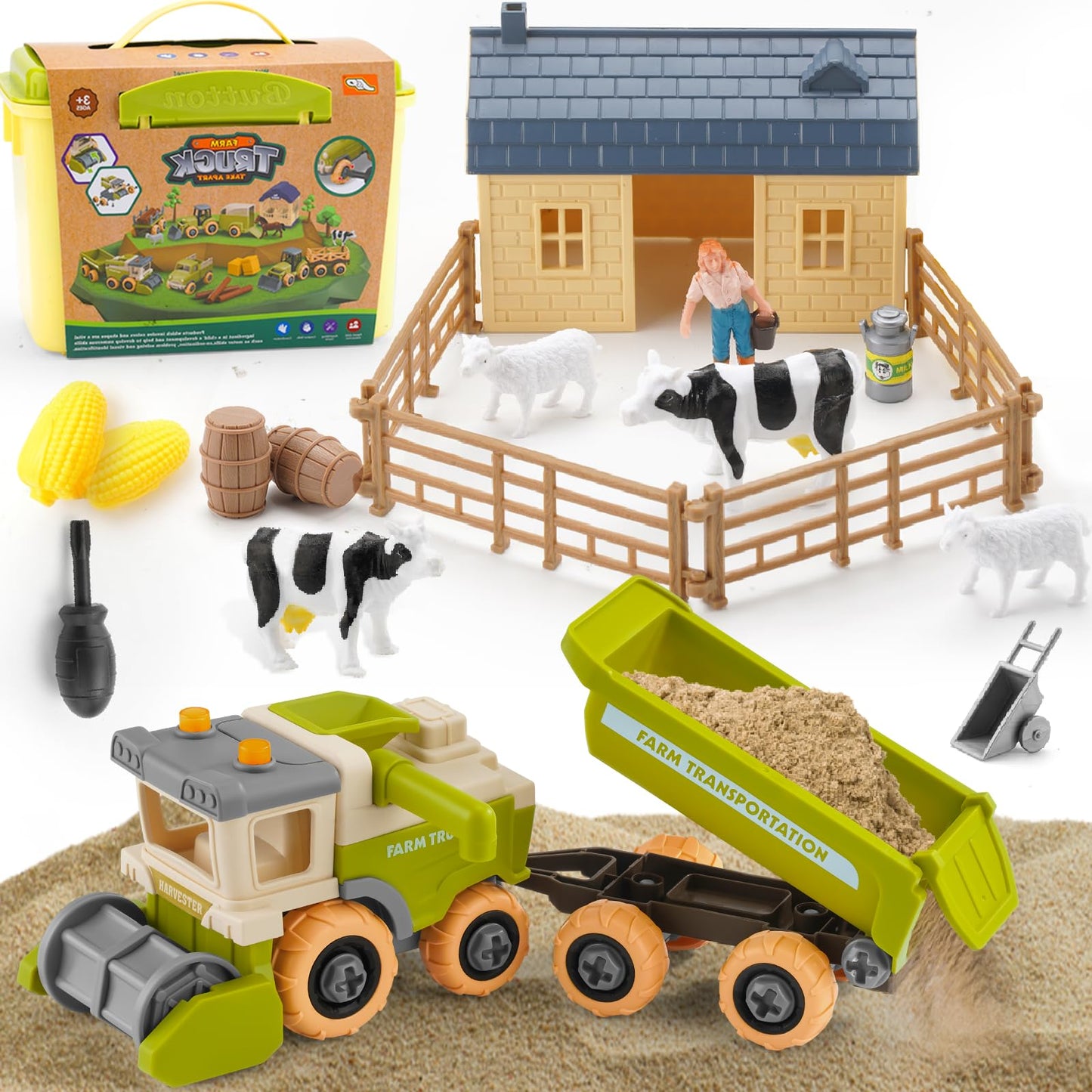 Eaciilee Sandbox Toys - Combine Harvester Truck Toy with Trailer - Farm Sand Box Toys Vehicle with Farm Animal Cows, Lambs, Outdoor Beach and Sand Toy Trucks - Gifts for Boys Girls Kids