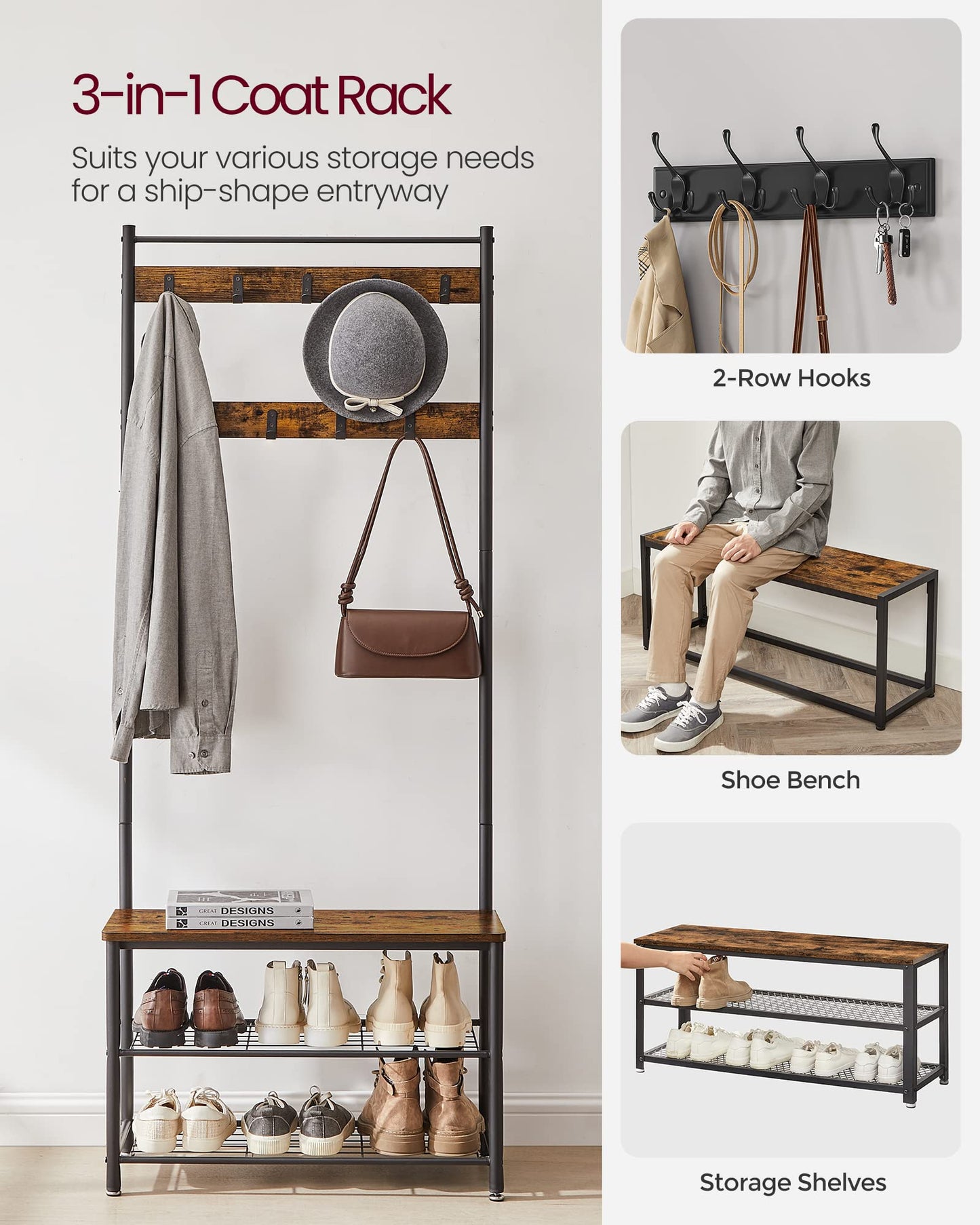 VASAGLE 3-in-1 Coat Rack with Shoe Storage