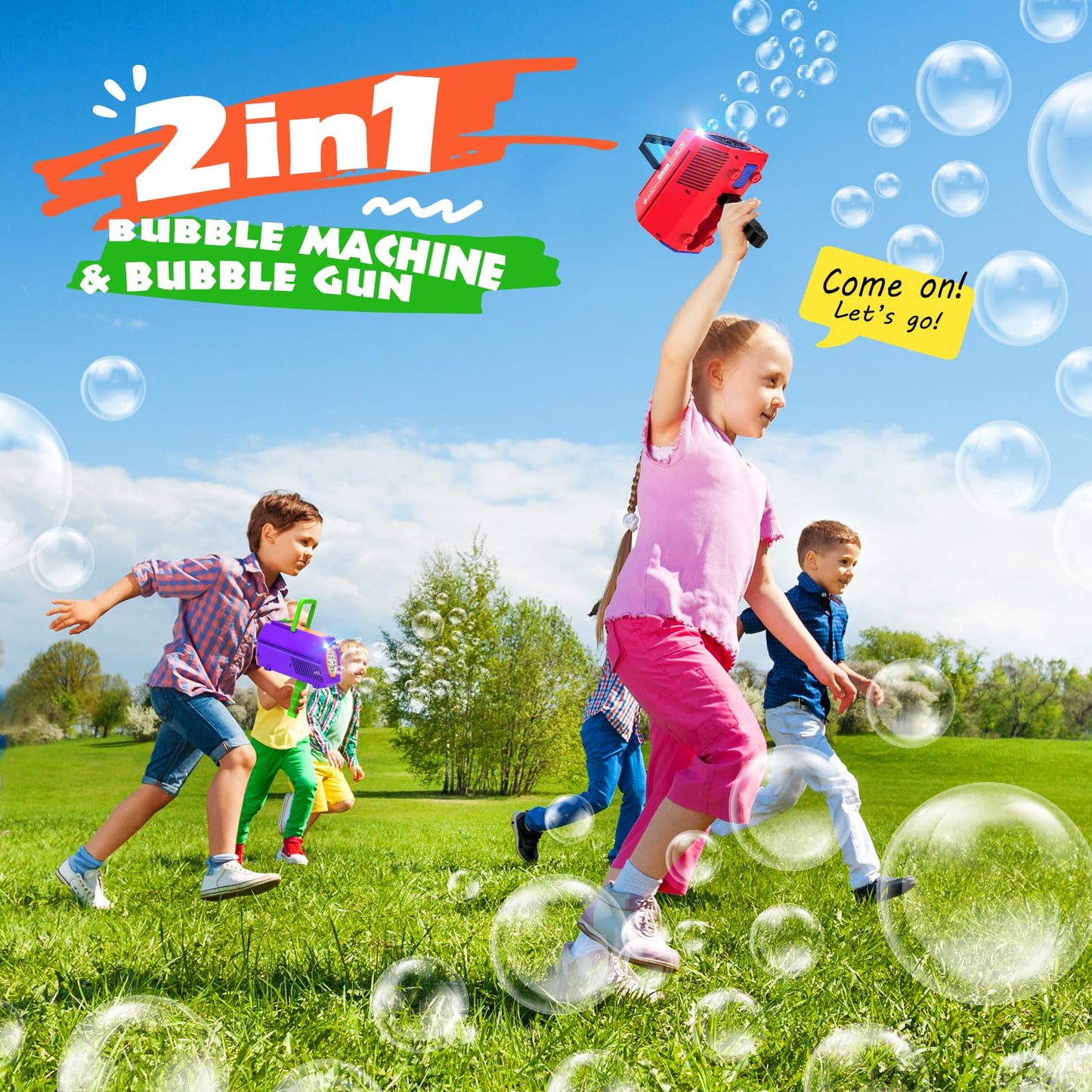 Bubble Machine for Kids - Automatic Bubble Blower 2 Modes, 30000+ Bubbles/Min, 2 in 1 Bubble Gun Toy, Rechargeable Battery - Parties Birthday Gifts for Kids Ages 3 and Up, Red