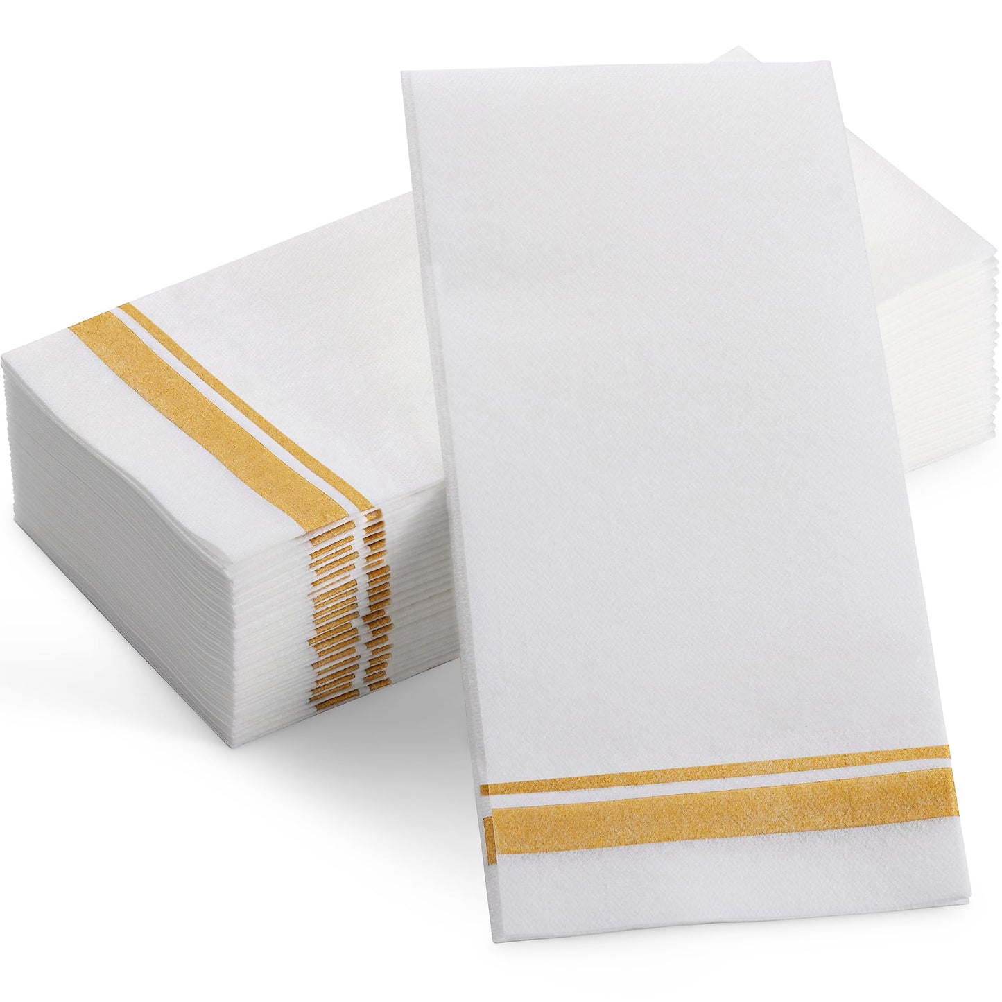Disposable Linen-Feel Peper Napkins, Decorative White Guest Towels, 12" x 17" Gold Line Hand Napkins For Wdding, Party Or Event - Pack of 200
