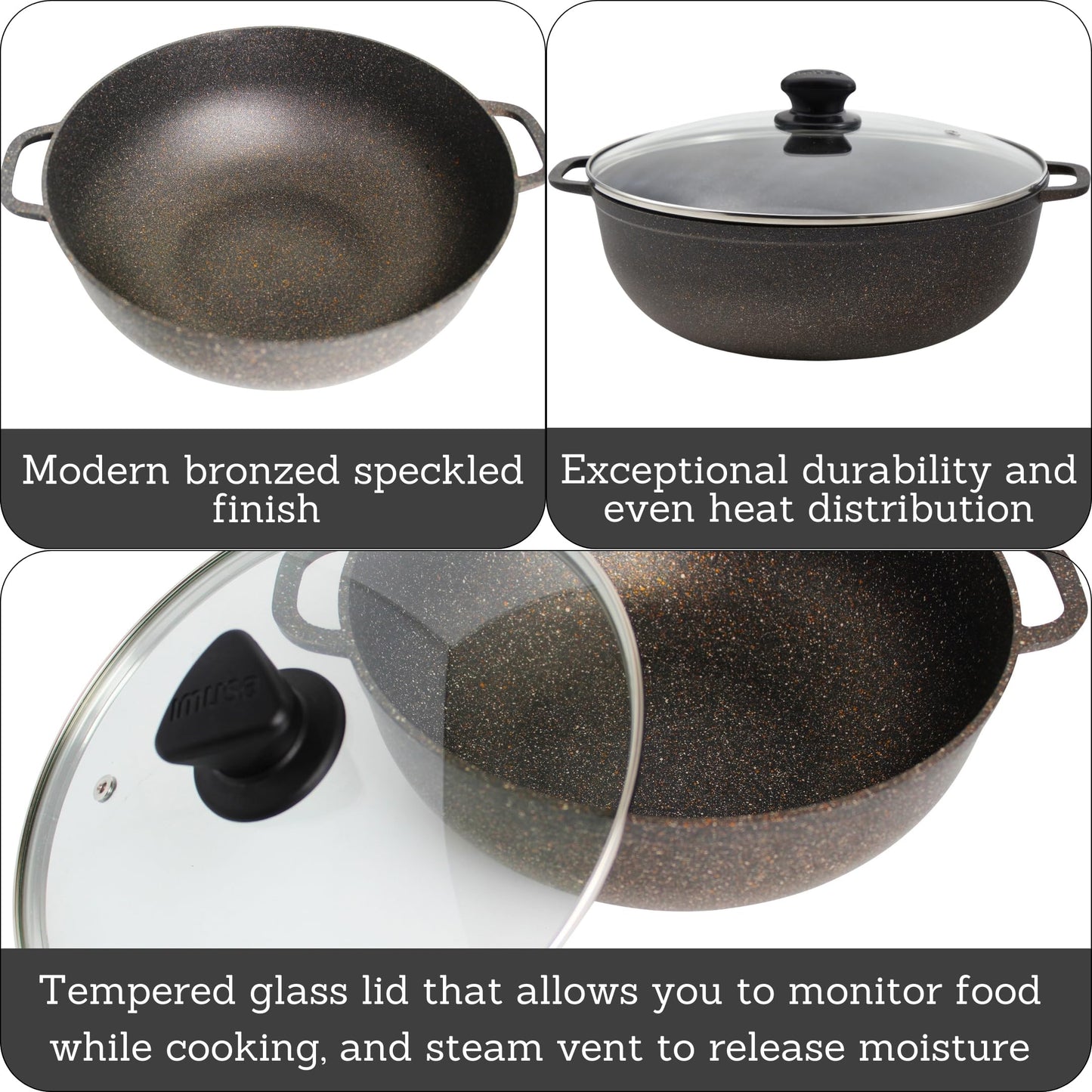 IMUSA 3.5qt Fuzion Cast Aluminum Bronze Speckled Nonstick Caldero with Glass Lid