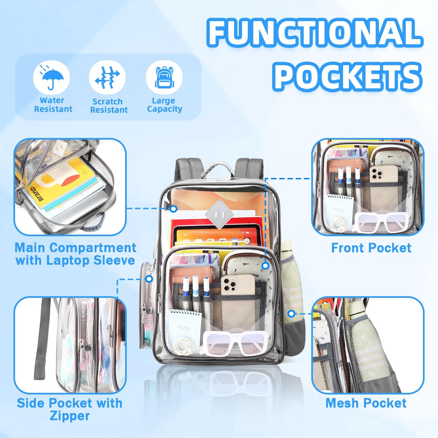 ASKSKY Large Clear Backpack for Men, Heavy Duty PVC Transparent Bookbag for Women Stadium Approved See Through Back Pack Fits 16 inch Laptop for School Work Travel, Gray