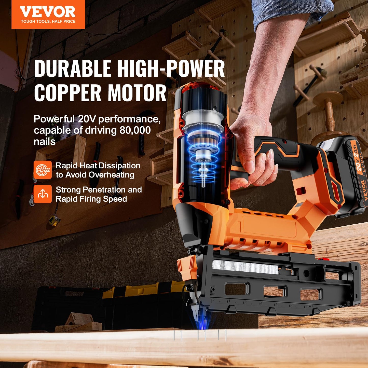 VEVOR Cordless Finish Nailer, 20V Cordless Brad Nailer Kit with 16Ga Nails, Battery and Charger, Tool-free Jam Release Battery Powered Nail Gun, Framing Nail Gun for Upholstery and Home Improvement