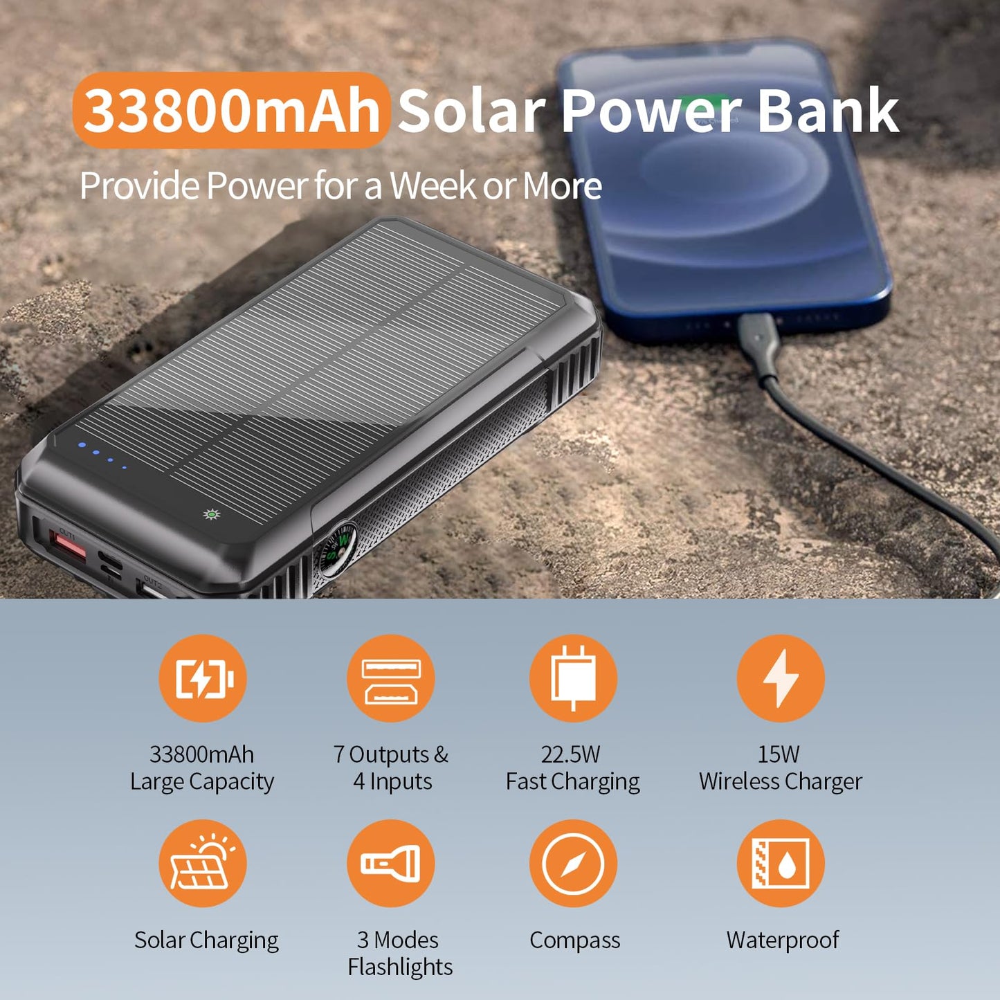 33800mAh Fast Charging Solar Power Bank with Wireless Charger And Built-in Cables