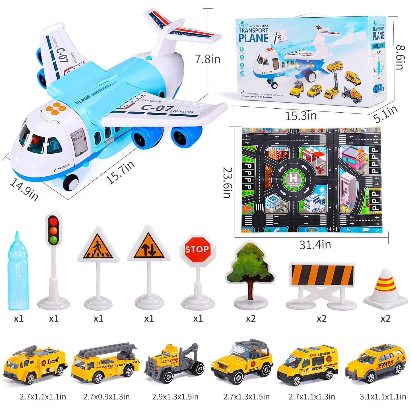 Bennol Spray Airplane Toys for Boys, Large Transport Cargo Airplane with 6 Construction Vehicle 10 Road Signs 1 Play Mat with Lights Sounds, Christmas Birthday Gifts for 3 4 5 6 7 8 Year Olds Boys