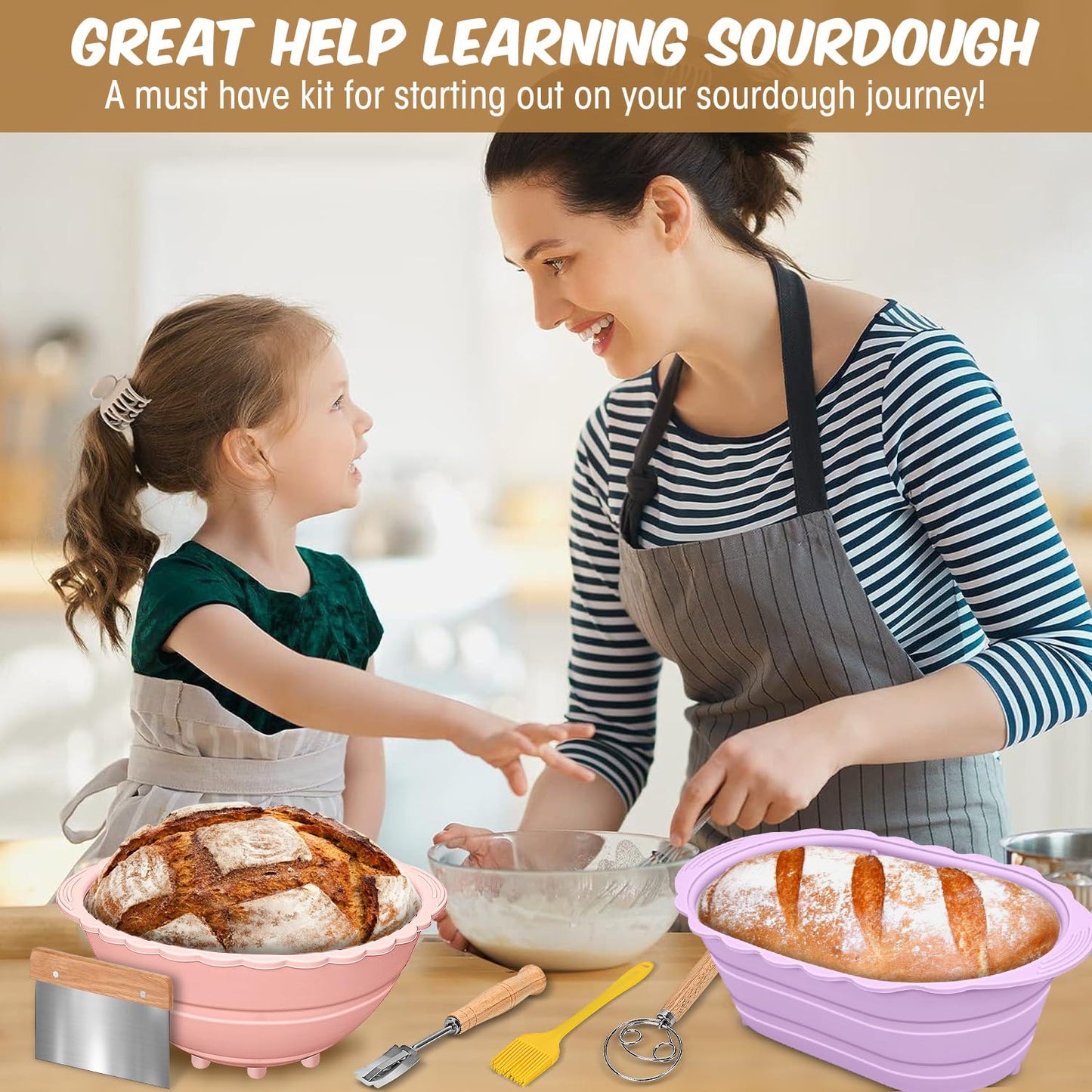 2Pack Bread Proofing Basket Banneton,Silicone Sourdough Bread Baking Baskets,9 Inch Collapsible Proofing Bowl Supplies Set Tool Kit Foldable for Bread Making Sourdough-Beige (Pink+Purple)