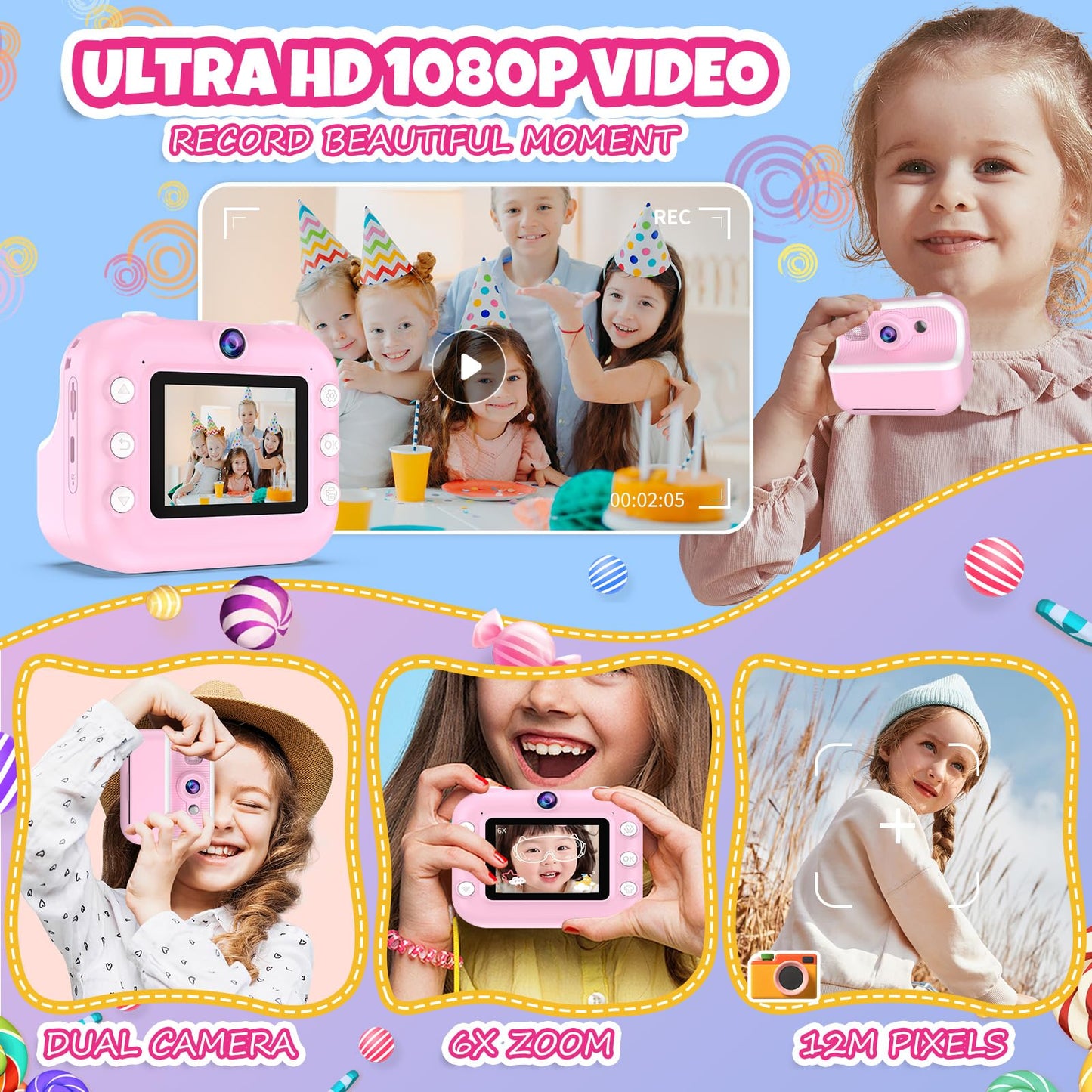 Kids Camera Instant Print Toys Toddler Cameras Printing Photos - 1080P Video Cameras - 12Mp Children Digital Selfie Camera Gift for Girls Boys Age 3-12 with 32GB SD Card (Pink)