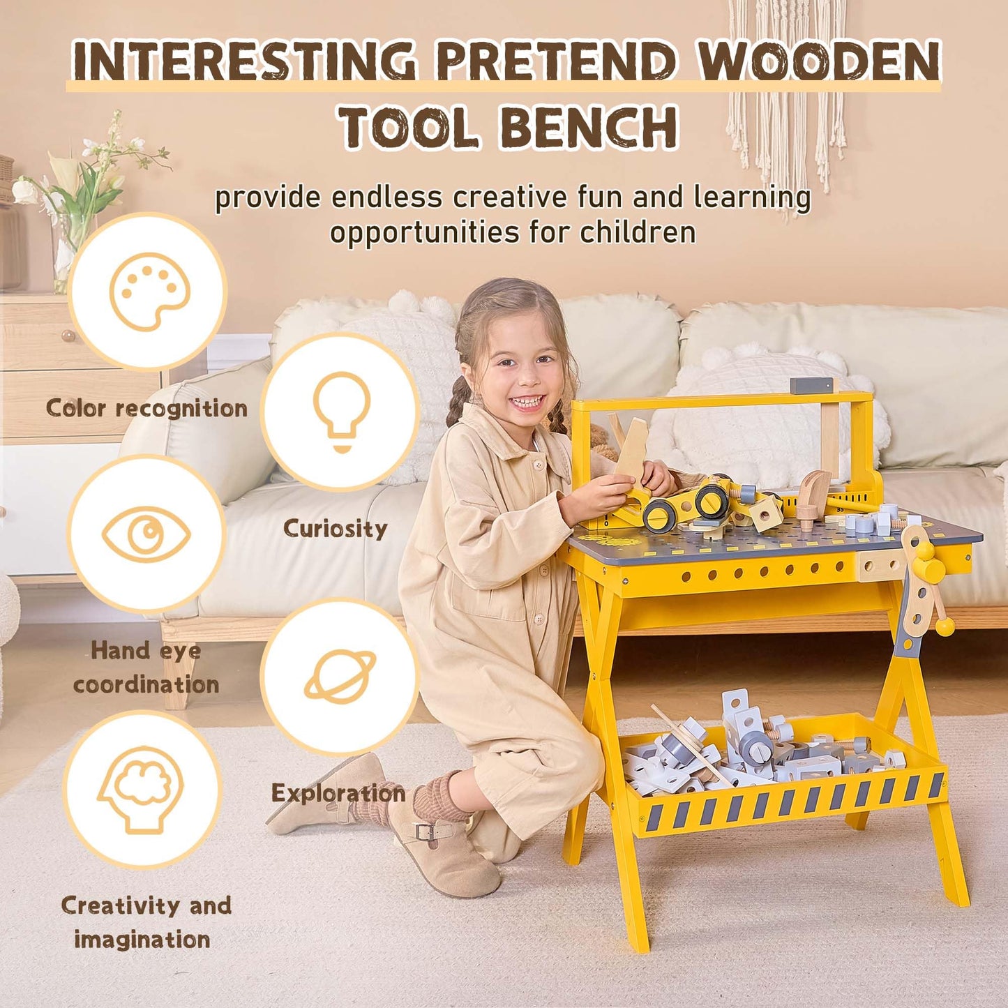 Kids Wooden Tool Bench with Realistic Tools Set
