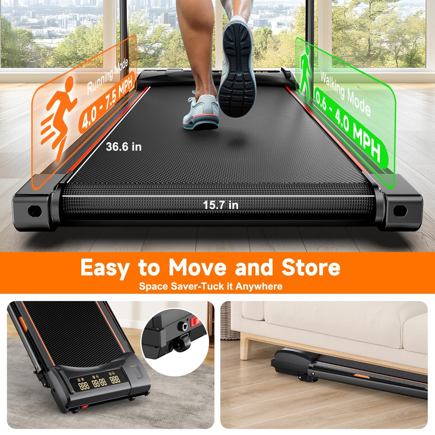 Fasion Trek Run Walking Pad Treadmill with Handle Bar, 6% Manual Incline & 0.6-7.5MPH, Under Desk Compact Treadmill with App Control, Safety Key, 300lbs Capacity, Double Deck Cushioning