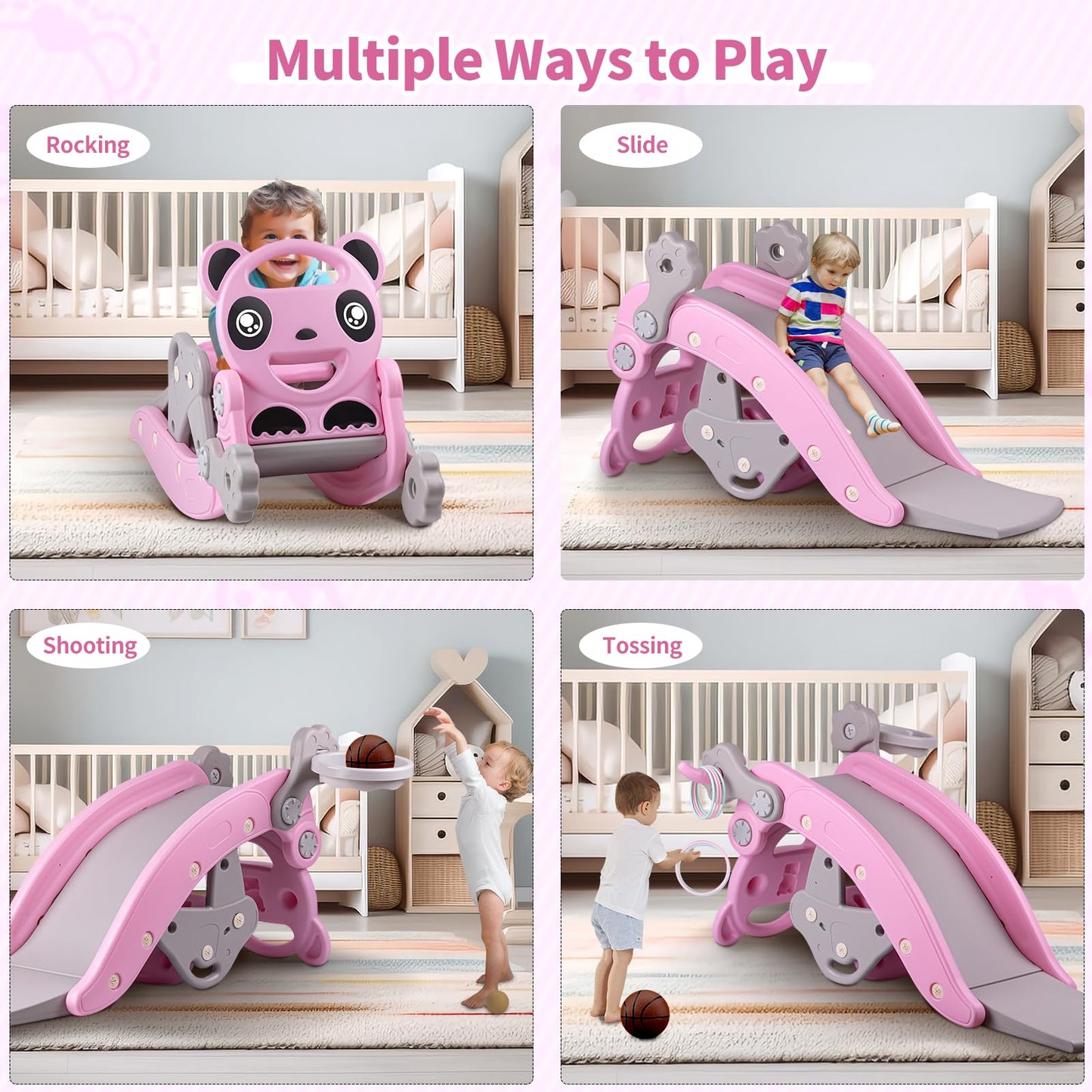5-and-1 Kids Slide,Indoor Outdoor Playset for Toddlers Age 1-3,Kids Slide Indoor and Outdoor Playground,Toddler Slide with Ball & Hoop(Pink)