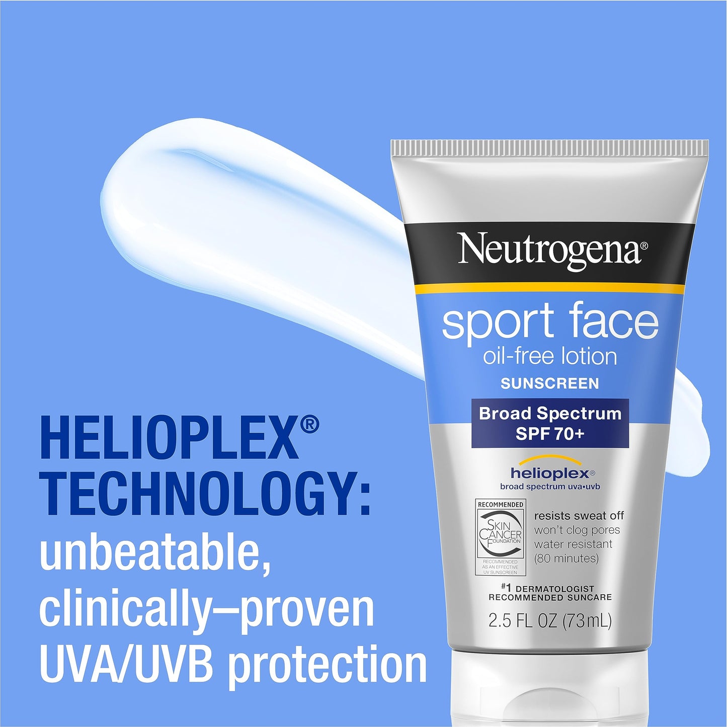 Neutrogena Sport Face Sunscreen SPF 70+, Oil-Free Facial Sunscreen Lotion with Broad Spectrum UVA/UVB Sun Protection, Sweat-Resistant & Water-Resistant, 2.5 fl. oz