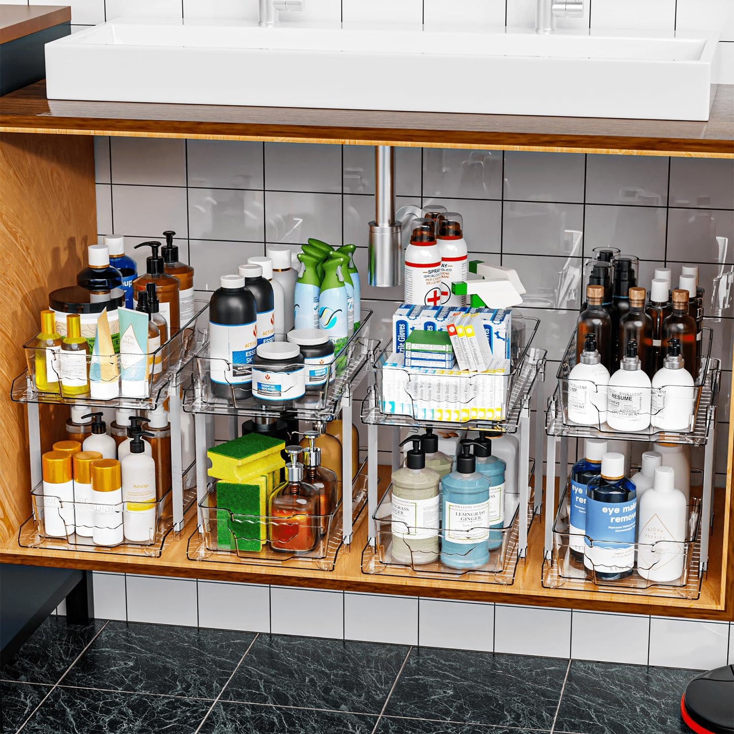 Clear 2-Tier Under Sink Organizer with Dividers