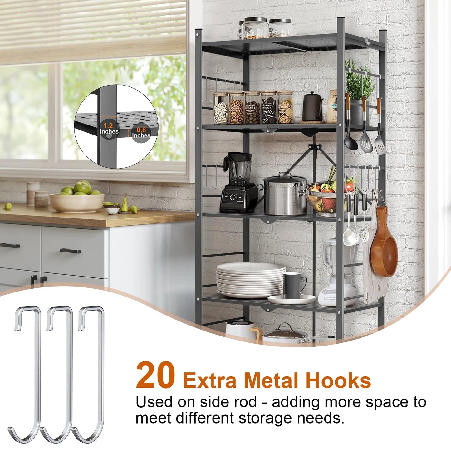 Himix Storage Shelves with 20 Hooks, 5-Tier Foldable Shelves for Storage, Folding Shelf Unit Pantry Shelves Bookshelf with Wheels, Vendor Display Racks for Craft Shows, Home, Office - No Assembly