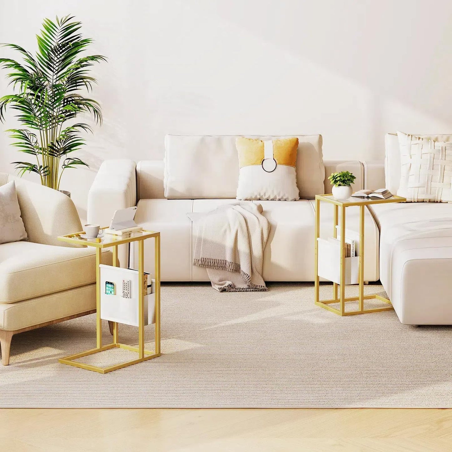 HOOBRO C Shaped Glass End Table Set of 2