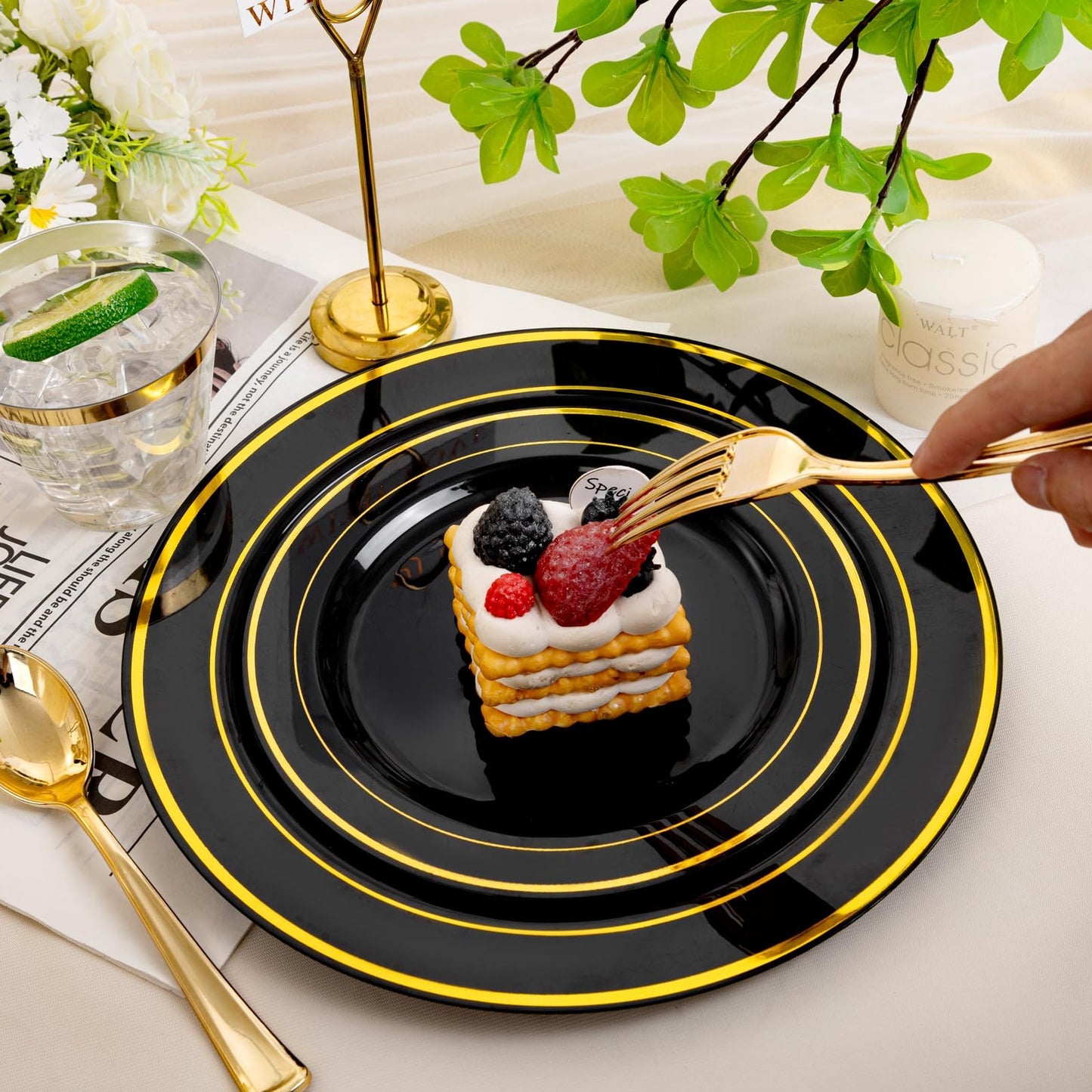600PCS Black & Gold Disposable Dinnerware Set