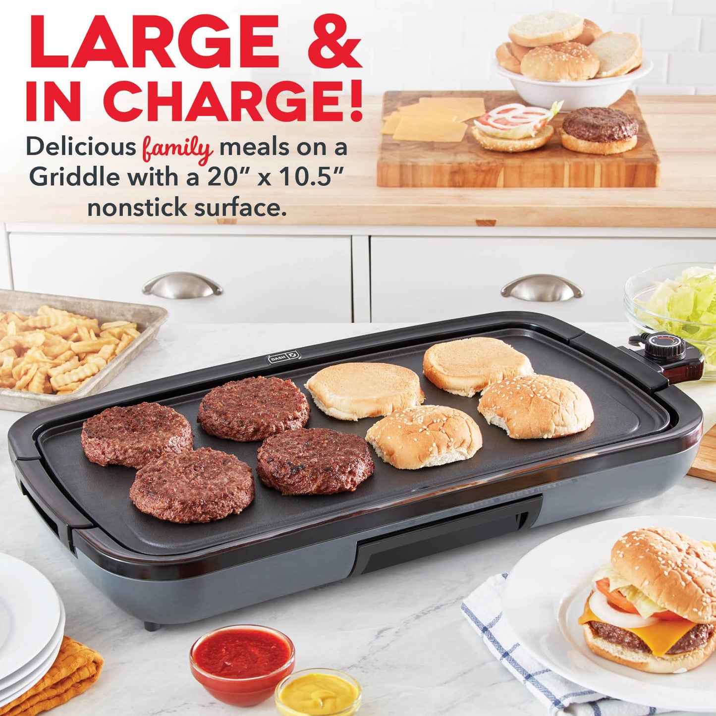 DASH Deluxe Everyday Electric Griddle with Dishwasher Safe Removable Nonstick Cooking Plate for Pancakes, Burgers, Eggs and more, Includes Drip Tray + Recipe Book, 20” x 10.5”, 1500-Watt - Grey