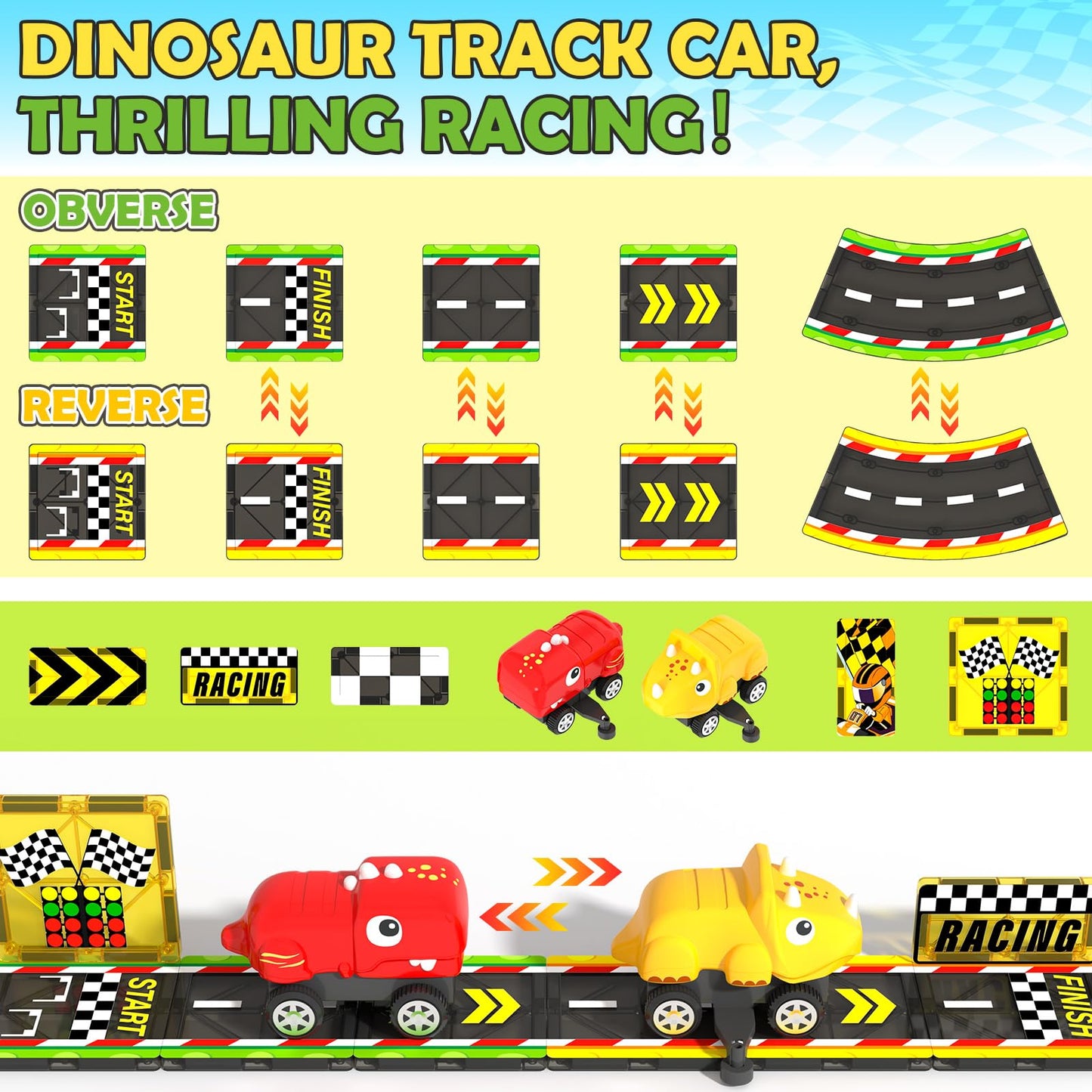 Dinosaur Magnetic Tiles with Race Track Cars