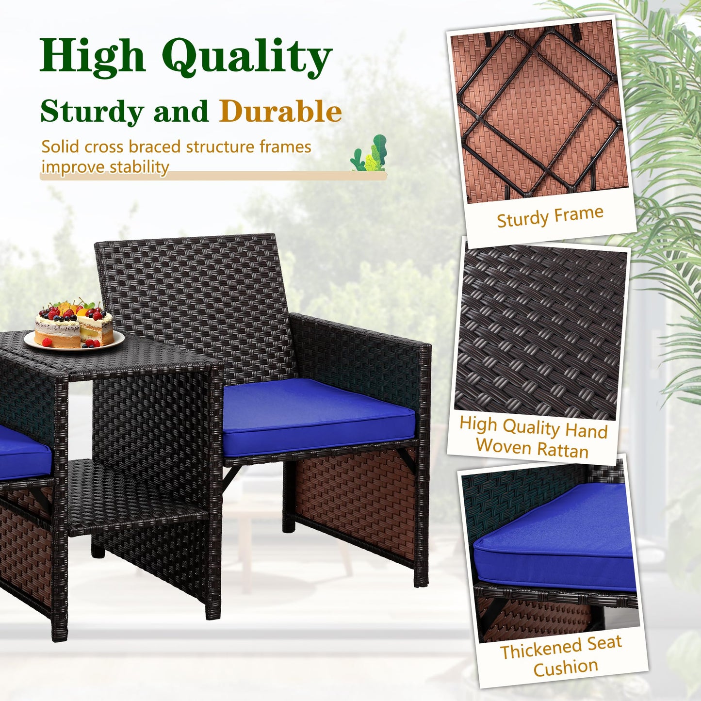 Shintenchi Wicker Patio Conversation Furniture Set with Detachable Chairs & Table and Two Removable Cushions,Rattan Wicker Lover Chair for Patio,Garden, Courtyard and Lawn Backyard (Deep Blue)