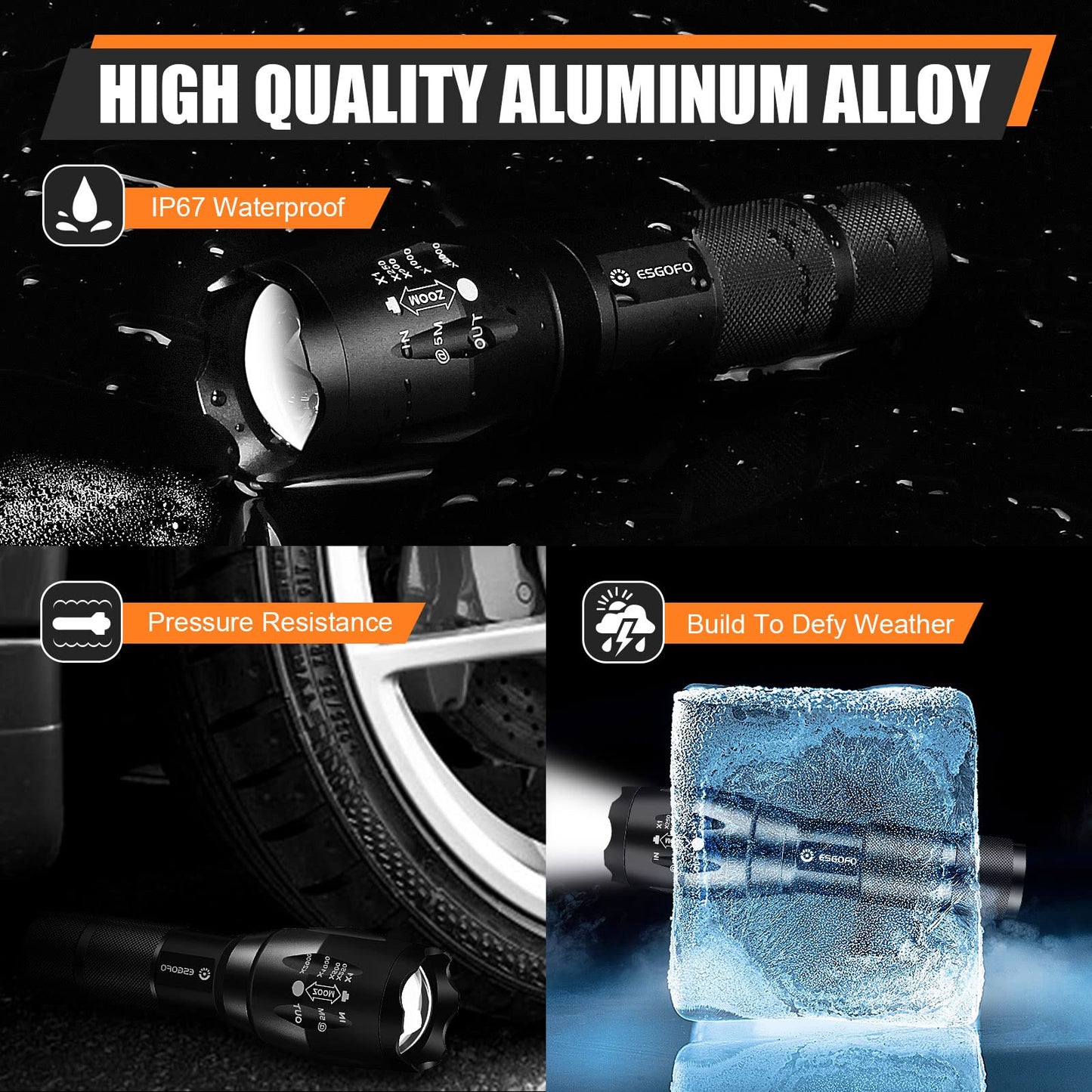 Esgofo LED Flashlights 2 Pack Bright Powerful EDC 3000 Lumen Handheld Flash Lights, High Lumens Pocket Linterna, 5 Modes, Waterproof, for Gift Survival Emergency Camping