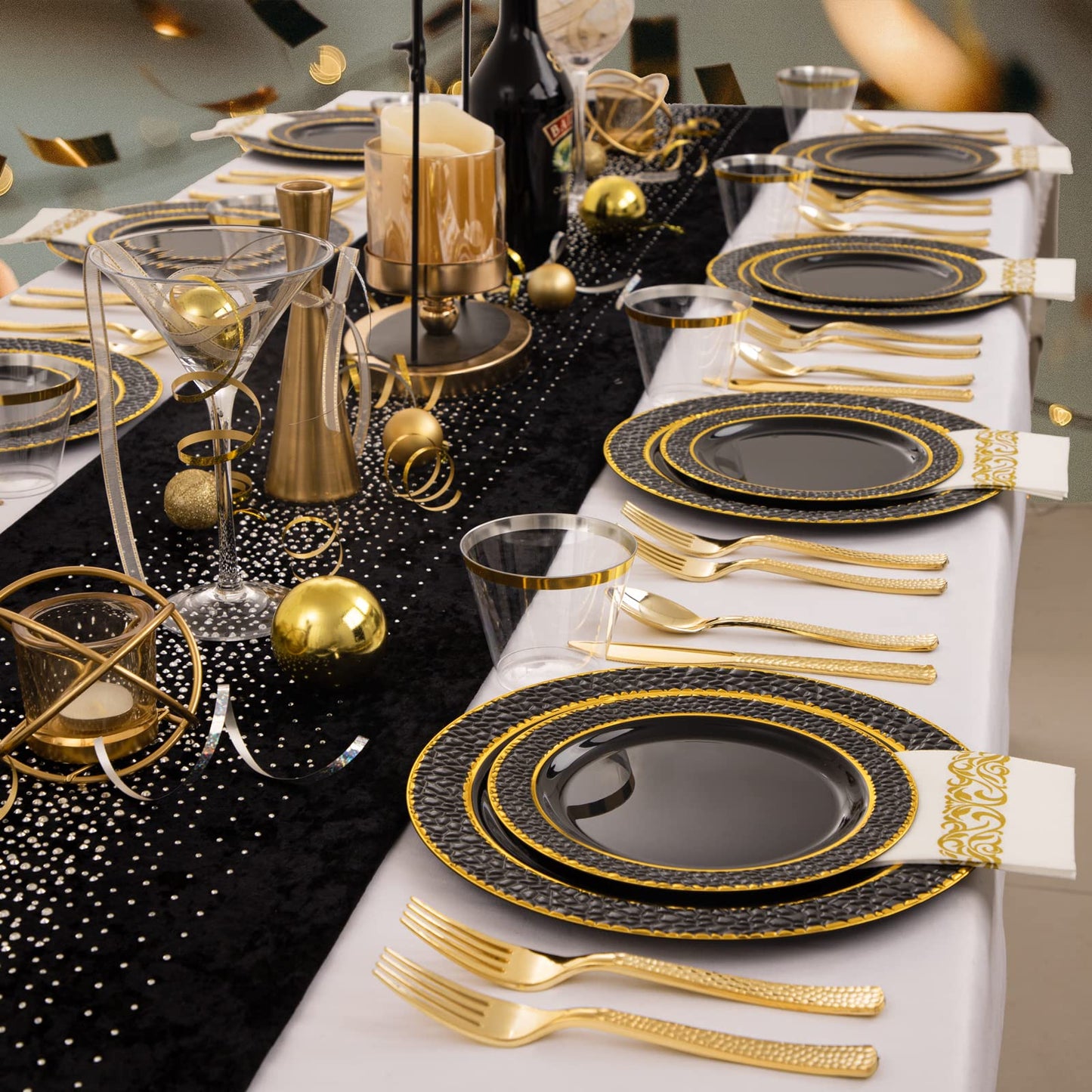 FLOWERCAT 175PCS Black Plastic Plates with Gold Rim & Black and Gold Plastic Plates & Gold Plastic Silverware & Black Disposable Plates for Wedding,Halloween Party, New Year