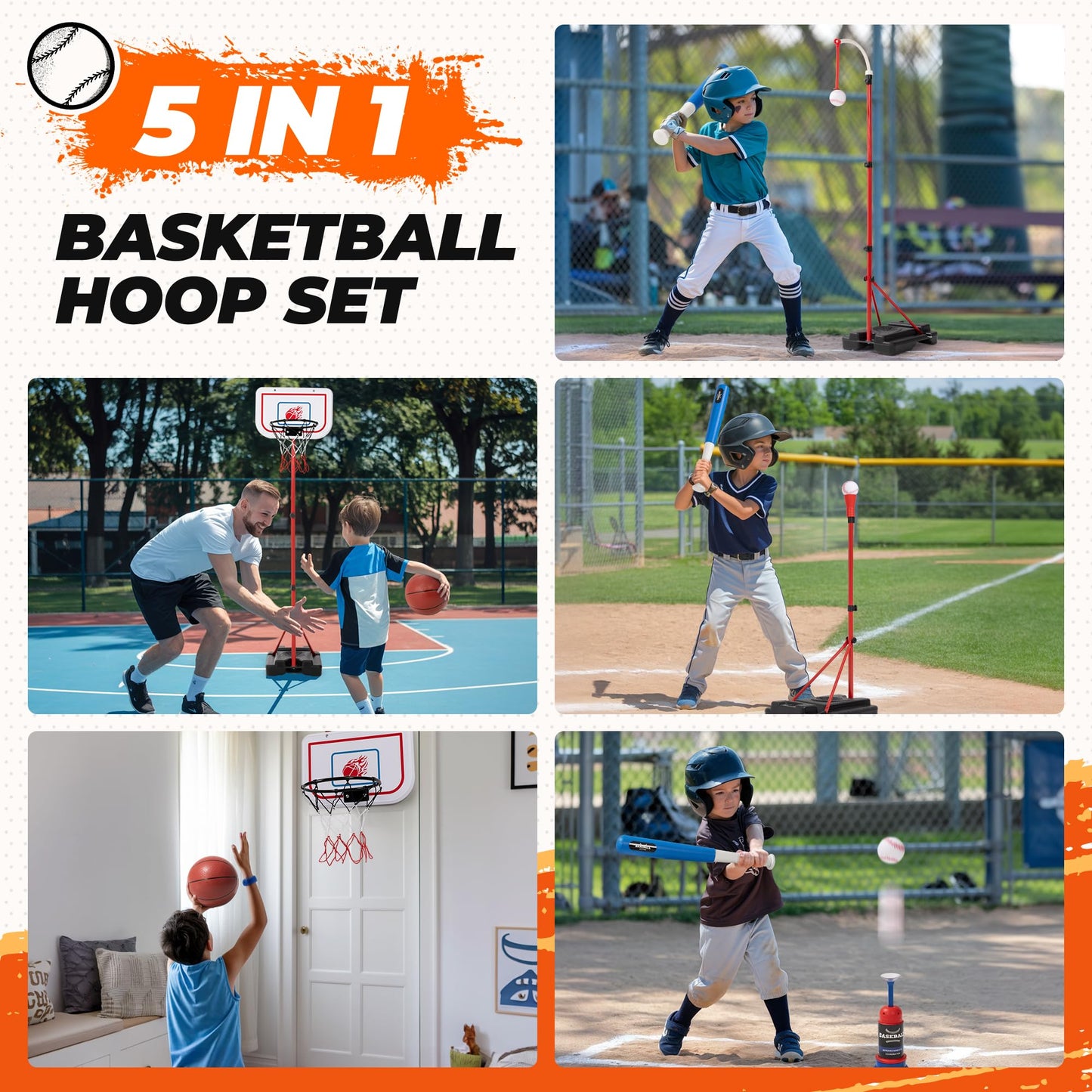 5-in-1 Kids Basketball Hoop and T-Ball Set