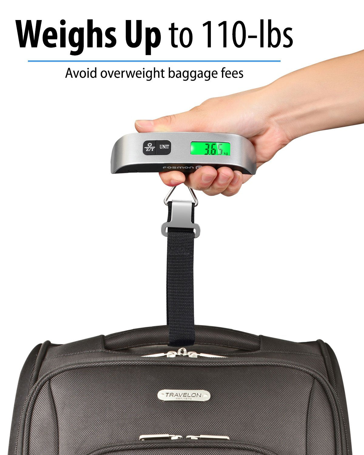 Fosmon Digital Luggage Scale (2 Pack), LCD Display Backlight Temperature Baggage Scale w/ 110lbs Capacity, Portable Stainless Steel Hanging Luggage Weight Scale w/ Tare Function for Travelers - Silver