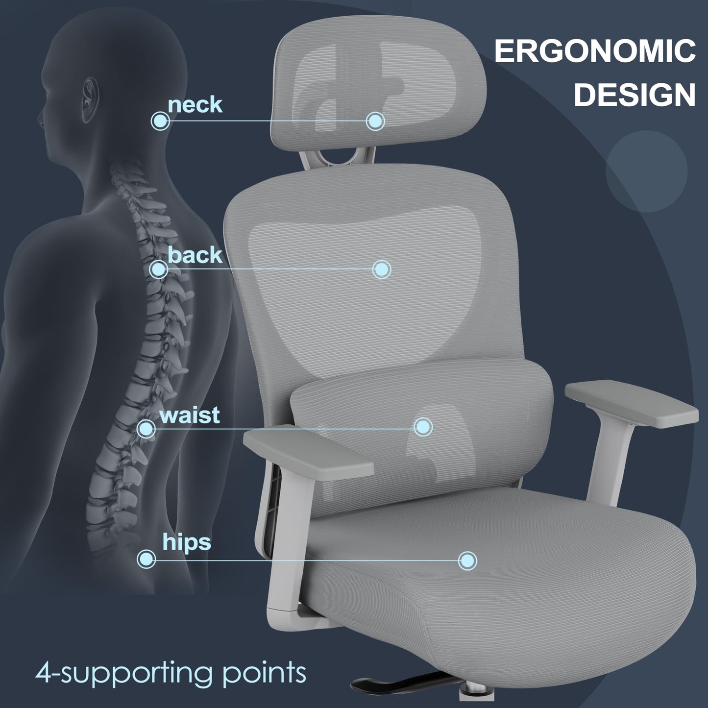 GABRYLLY Office Chair, Ergonomic Desk Chair with Adjustable Lumbar Support, 3D Armrest, Headrest, 4-Level Tilt Back, Home Mesh Chair with Wide Cushion Seat & PU Wheels for Adult Student