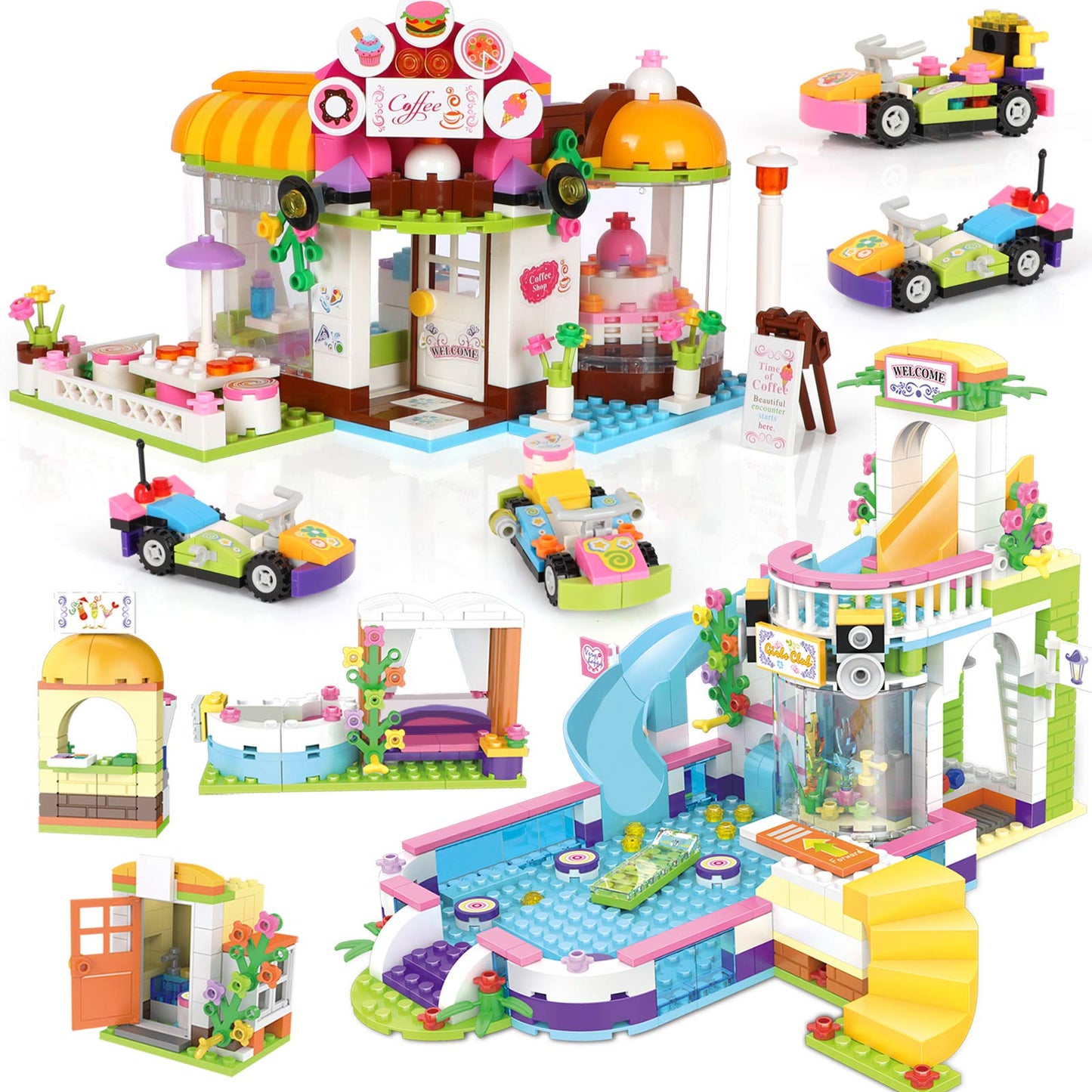 1140 Pieces Friends Summer Pool Party Coffee House Building Kit, STEM Creative Friends House Building Blocks with Storage Box, Fun Building Toys Gift for Kids, Girls and Boys 6+ Year Old