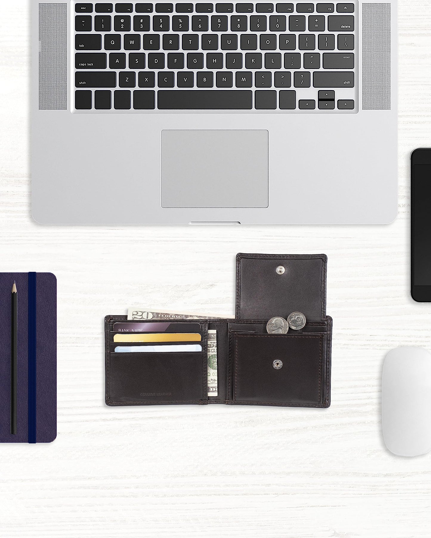 Amazon Essentials Men's Bifold Wallet with Coin Pocket, Dark Brown, One Size