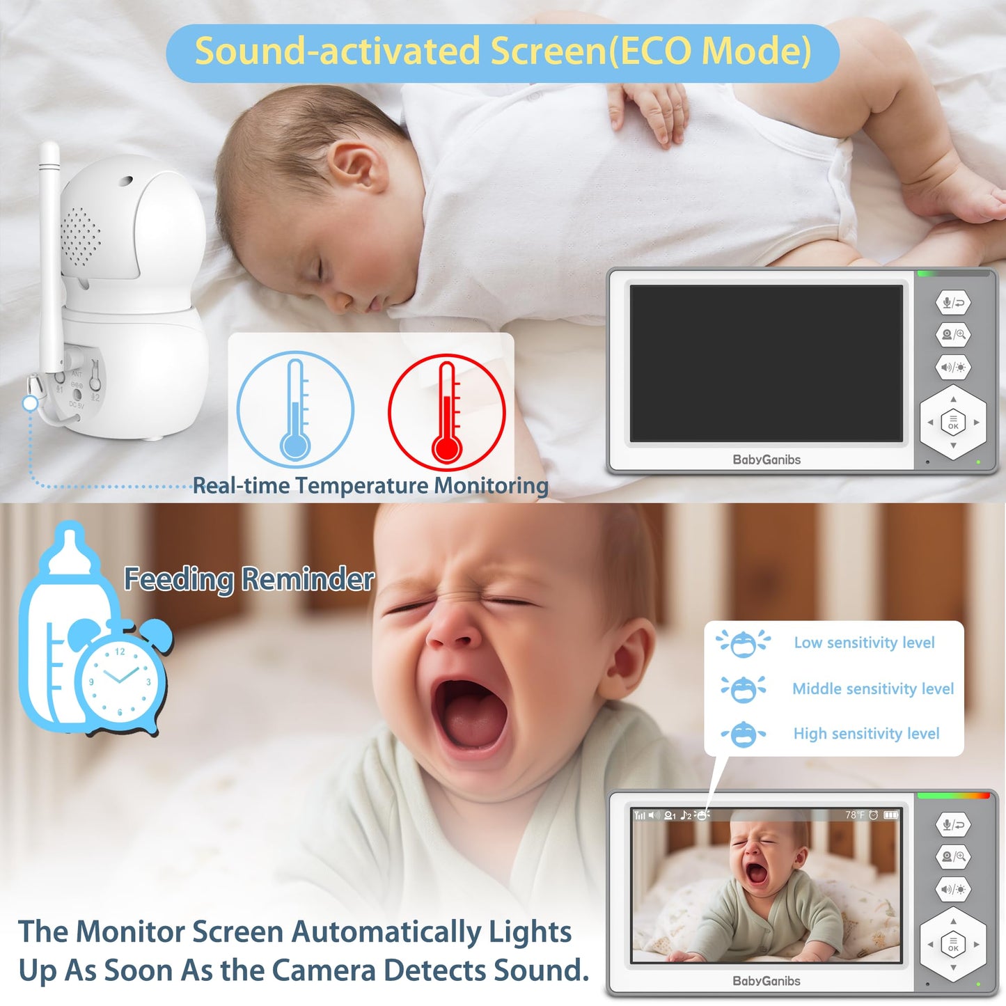 Baby Monitor with Camera and Audio, 4.3'' Video Baby Monitor with 1000ft Long Range and 30-Hour Battery, Baby Monitor No WiFi, Remote Pan-Tilt-Zoom, Night Vision, ECO Mode, 2-Way Talk