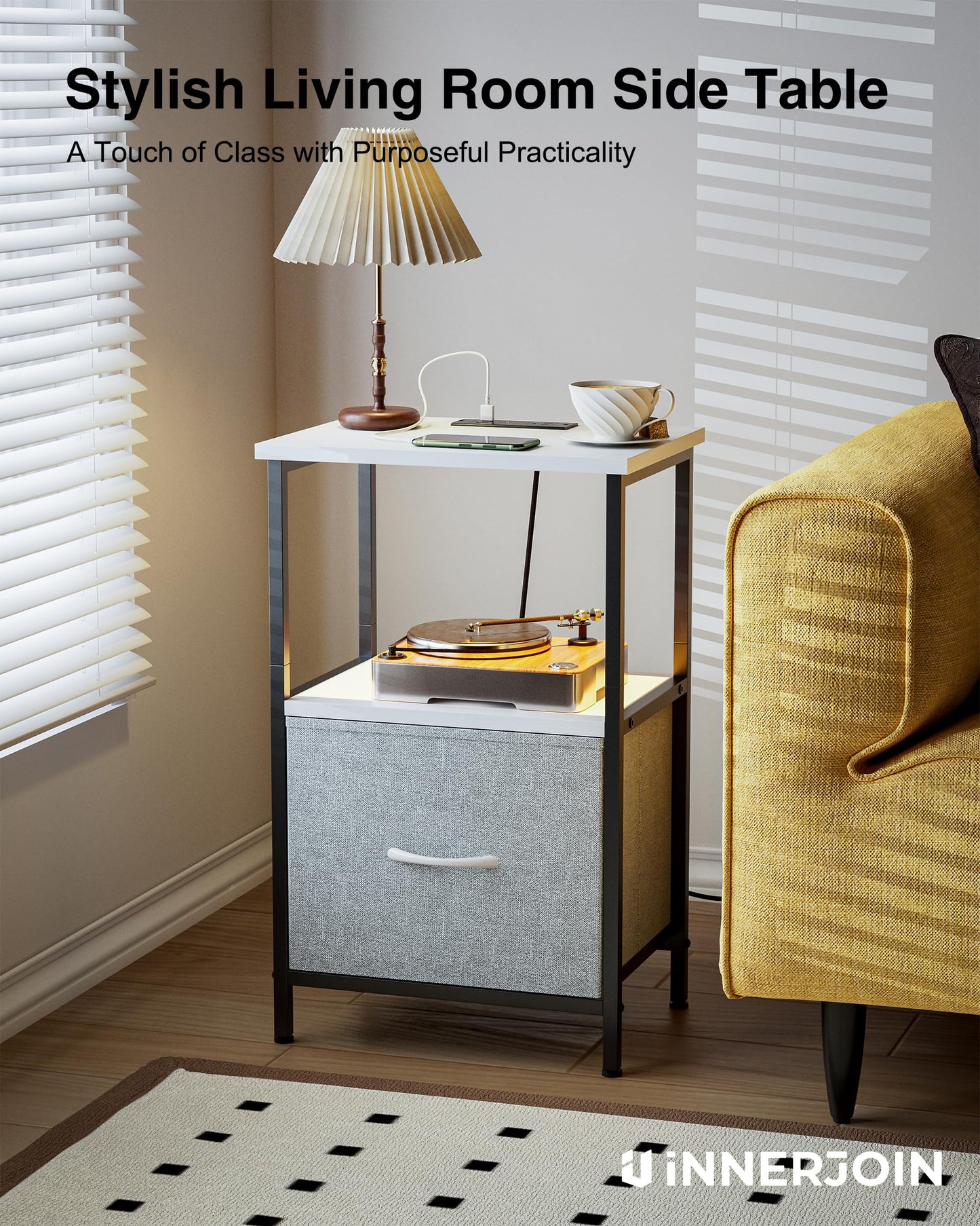 Innerjoin Side Table with Storage, LED Night Stand with A&C Charging Station, End Tables Living Room, Nightstand for Bedroom with Fabric Drawer, White/Gray