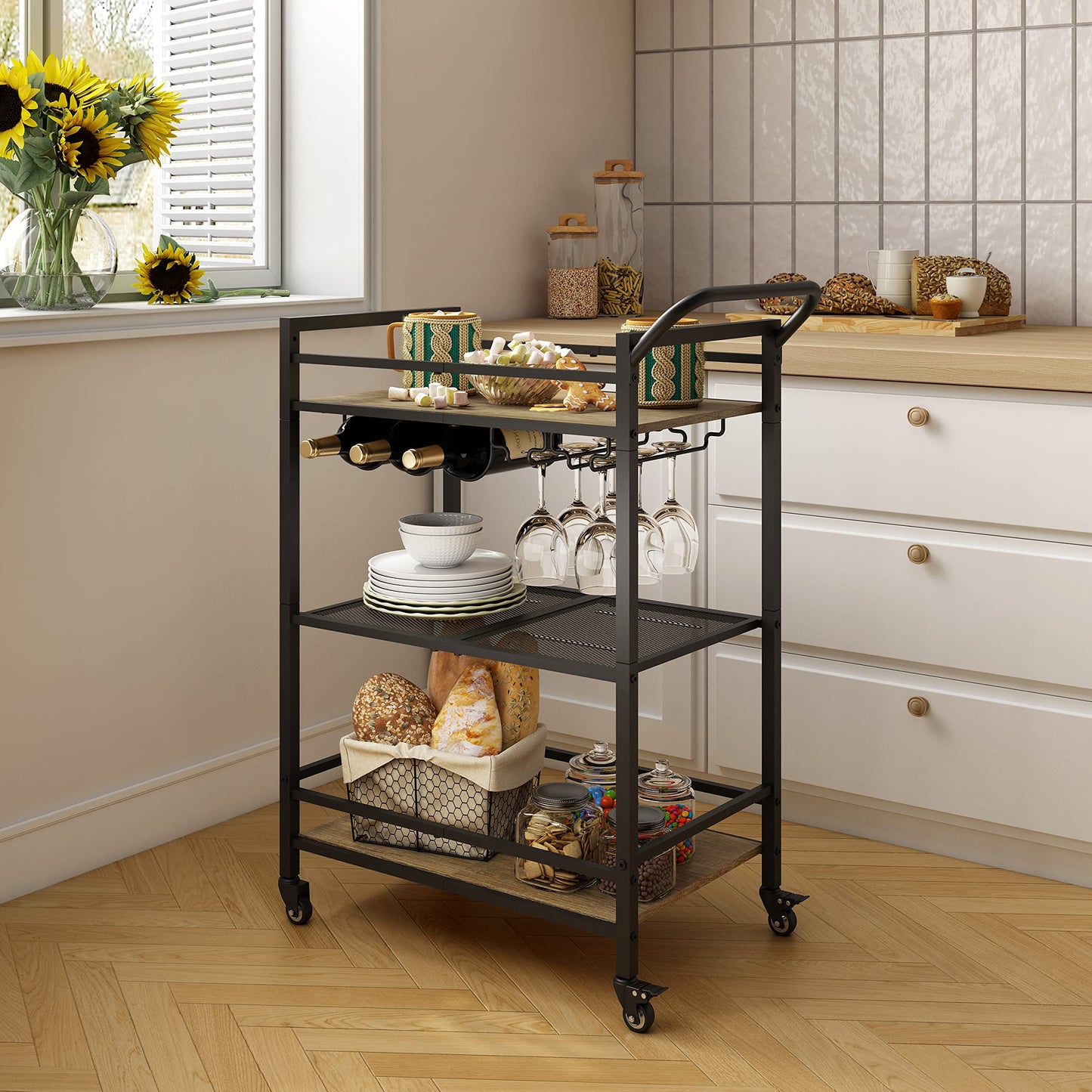 Tajsoon 3-Tier Bar Cart, Mobile Bar Serving Cart, Industrial Style Wine Cart for Kitchen, Beverage Cart with Wine Rack and Glass Holder, Rolling Drink Trolley for Living Room, Grey & Black