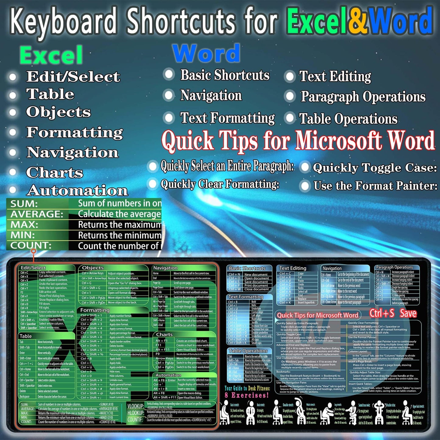 XXL Office Mouse Pad with Keyboard Shortcuts