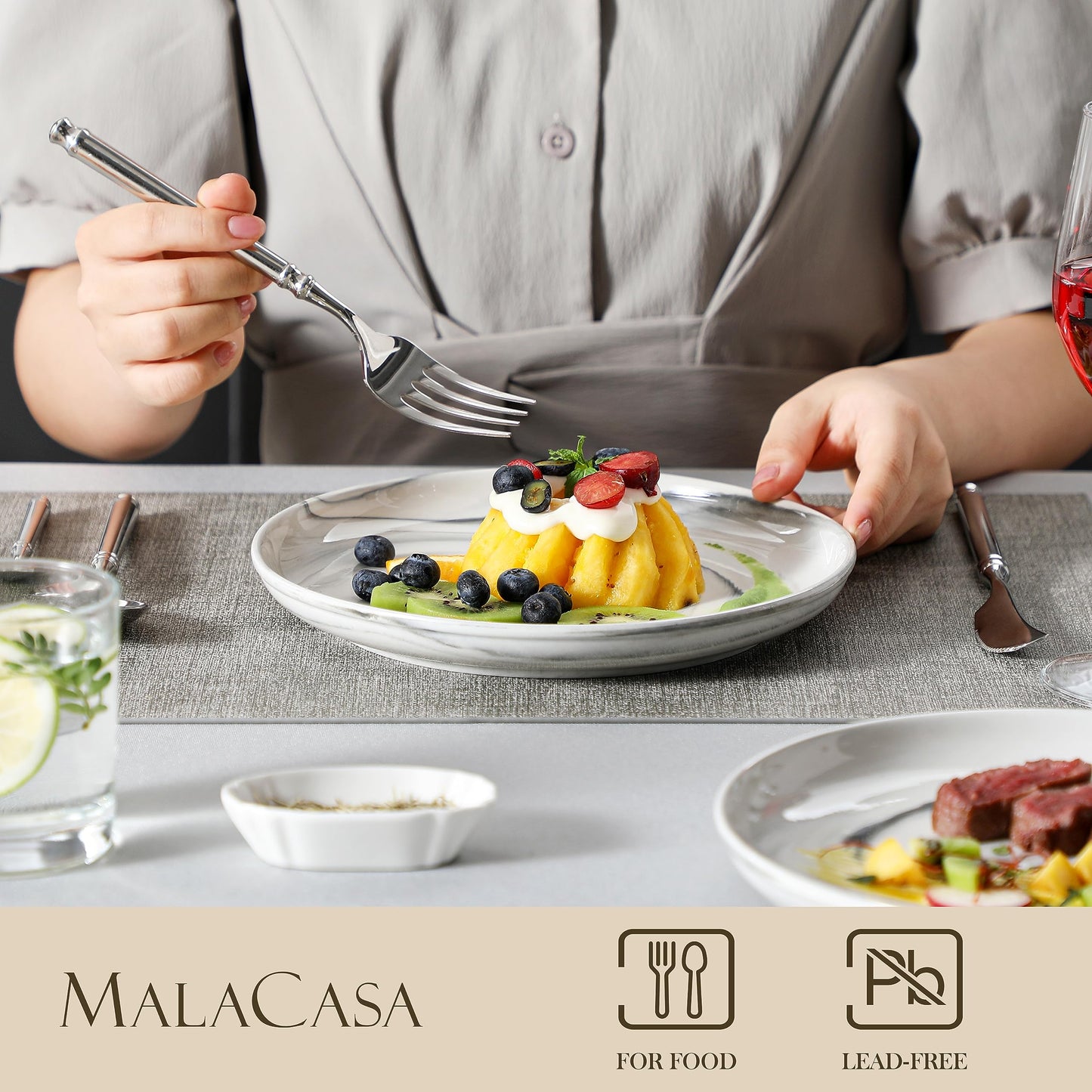 MALACASA Dinner Plate 6-Piece Set, 8.5 Inch Porcelain Salad Dessert Round Plates, Serving Dishes, Dinnerware Sets, Kitchen Dinner Plates for Appetizer, Pasta, Marble Grey, Series REG