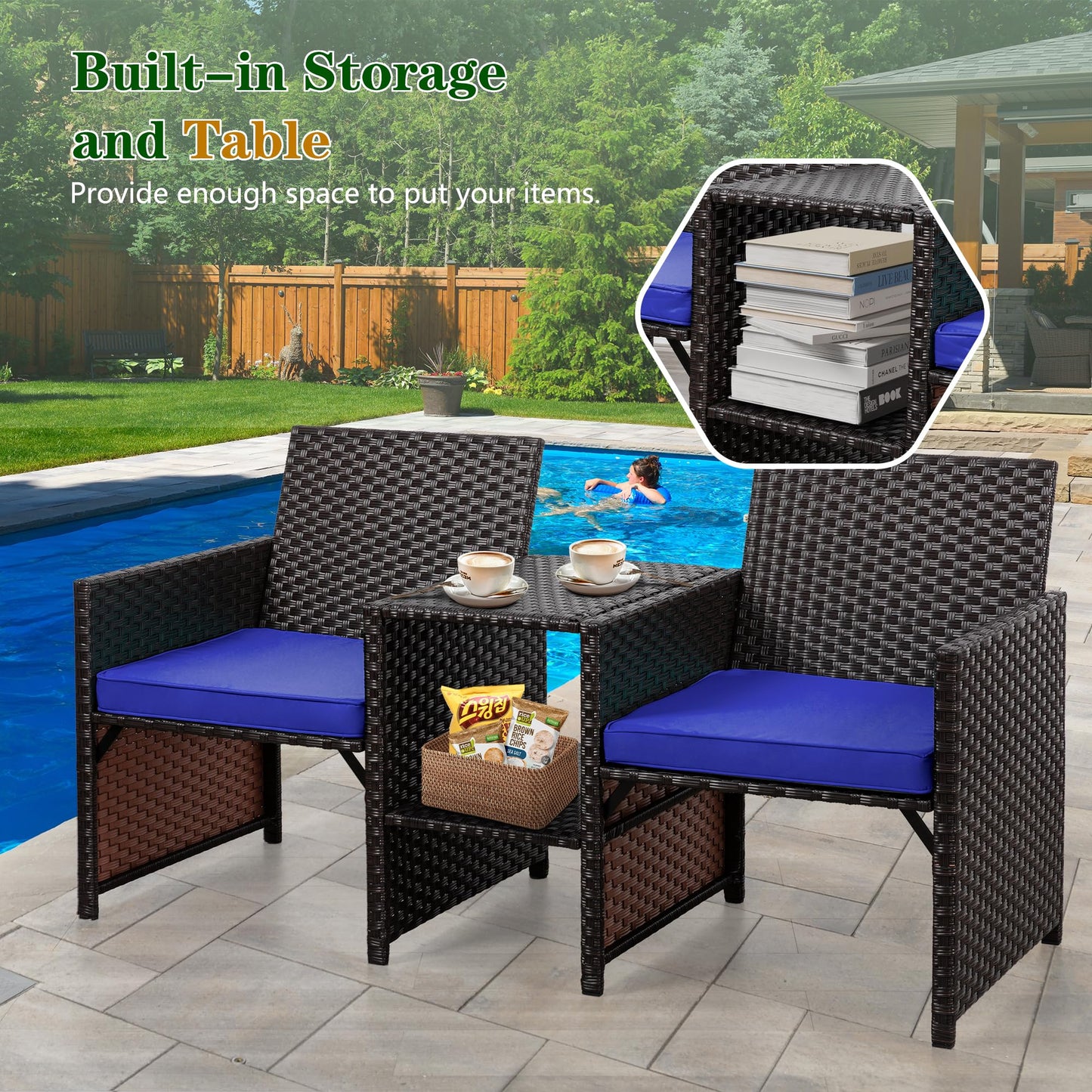 Shintenchi Wicker Patio Conversation Furniture Set with Detachable Chairs & Table and Two Removable Cushions,Rattan Wicker Lover Chair for Patio,Garden, Courtyard and Lawn Backyard (Deep Blue)